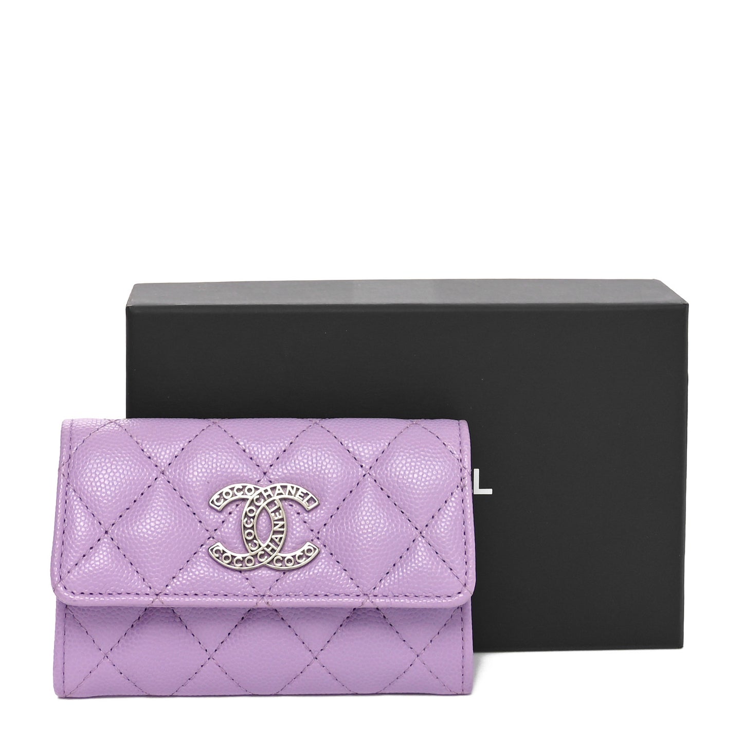 Caviar Quilted CC Logo Flap Card Holder Light Purple