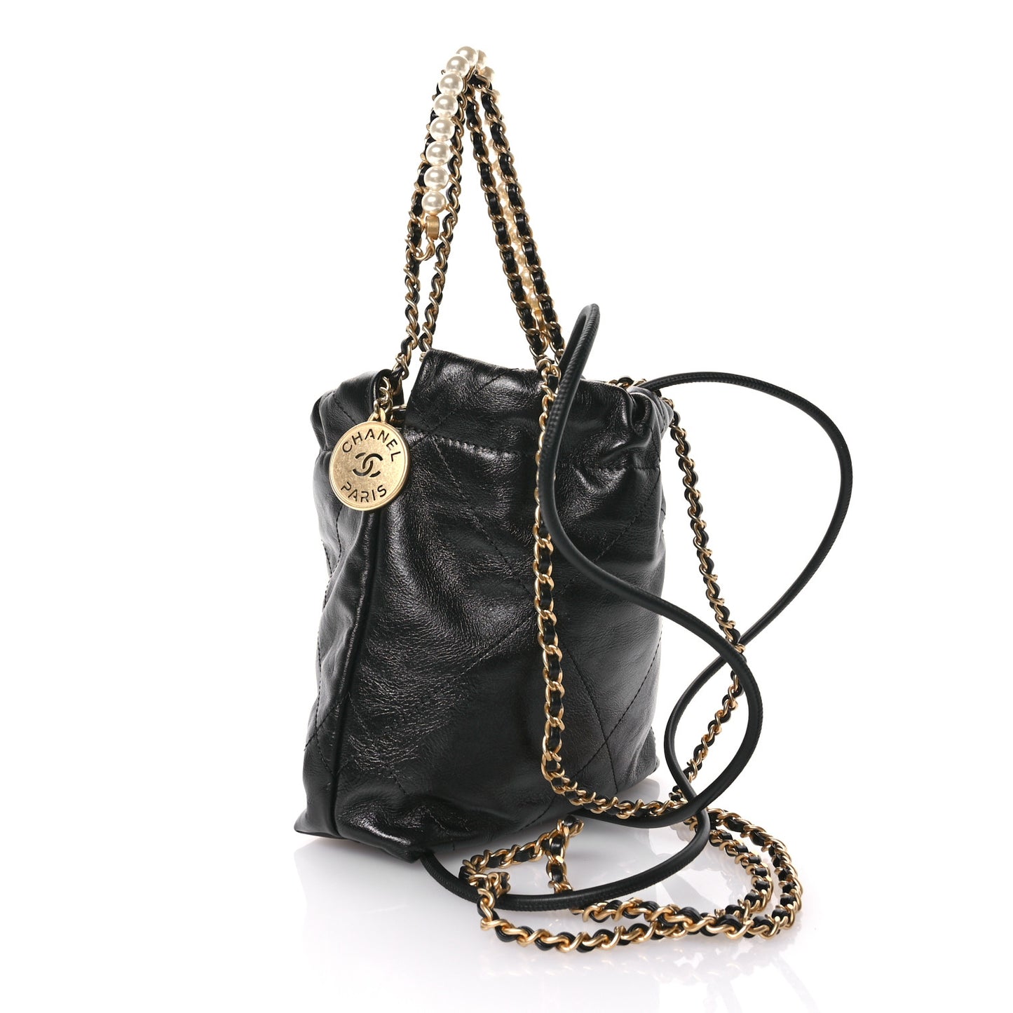 Shiny Crumpled Calfskin Quilted Pearl Mini Chanel 22 Black