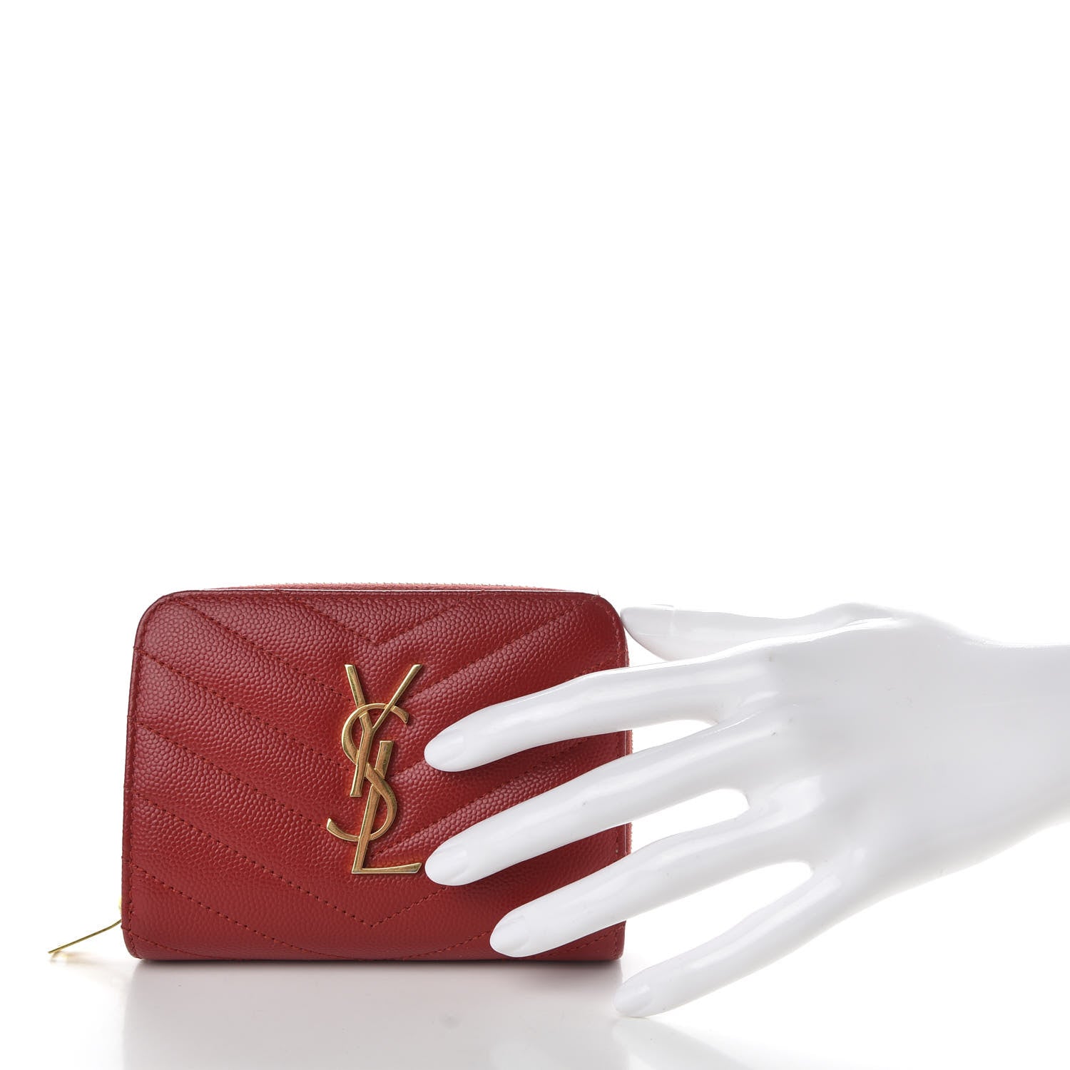 Saint Laurent Grain De Poudre Matelasse Chevron Monogram Compact Zip Around Wallet Red 2 of 8