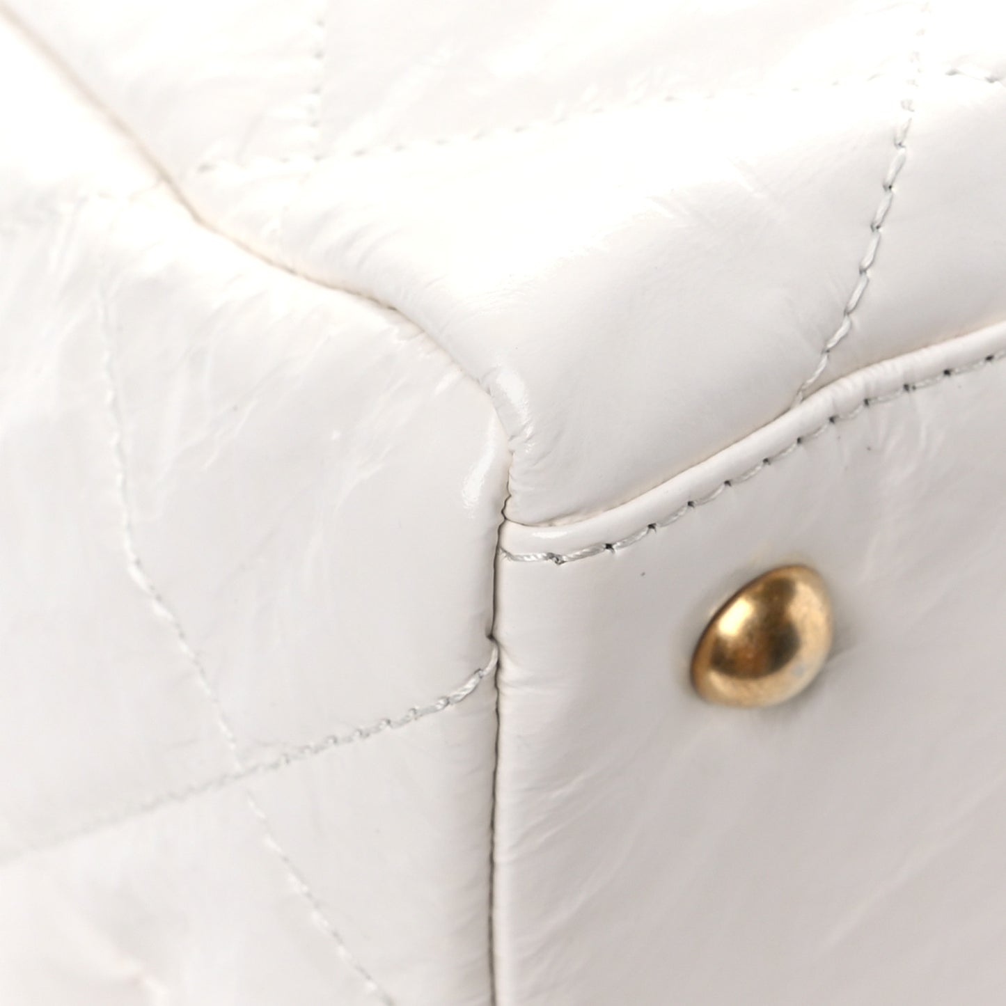 Shiny Crumpled Calfskin Quilted Large Bowling Bag White