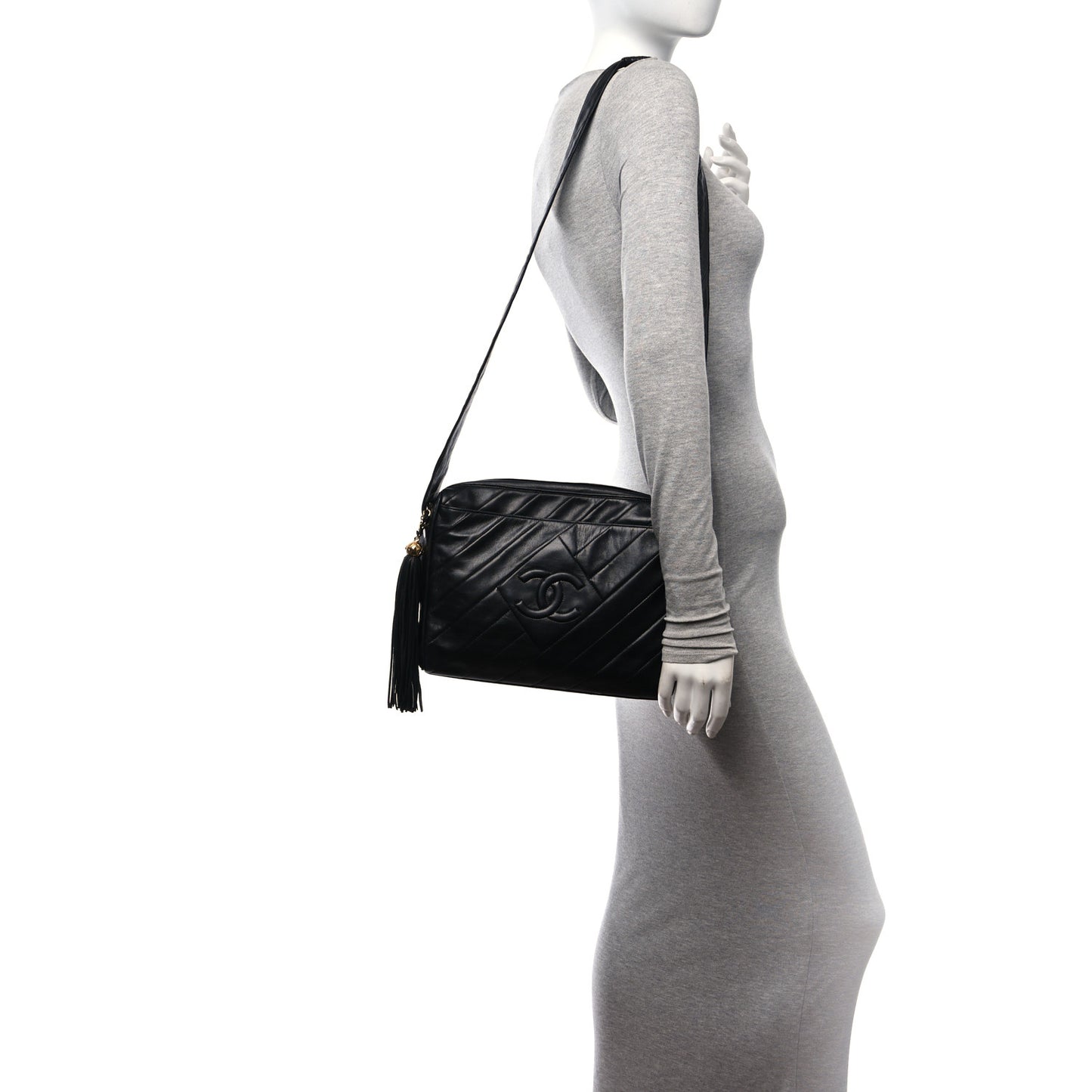 Lambskin Quilted CC Tassel Camera Case Black