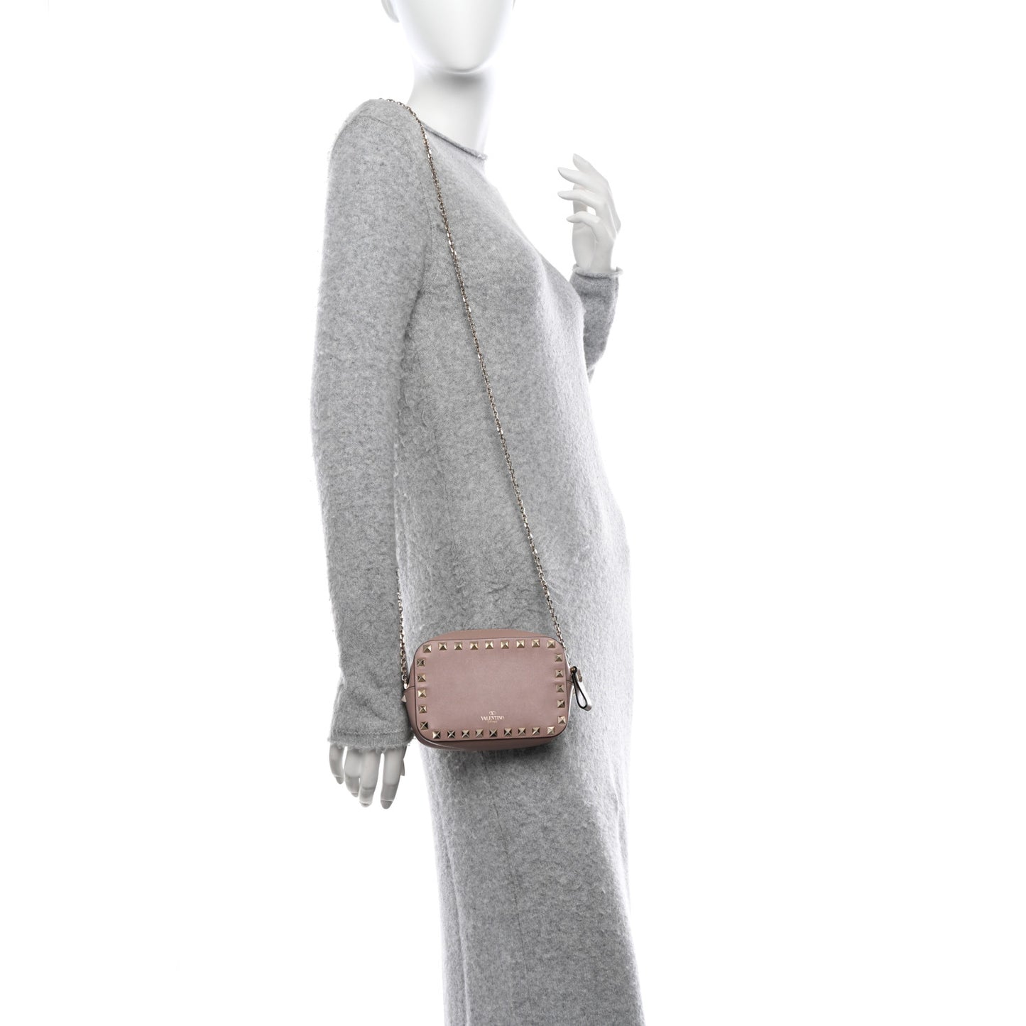 Calfskin Small Rockstud Chain Camera Crossbody Bag Poudre