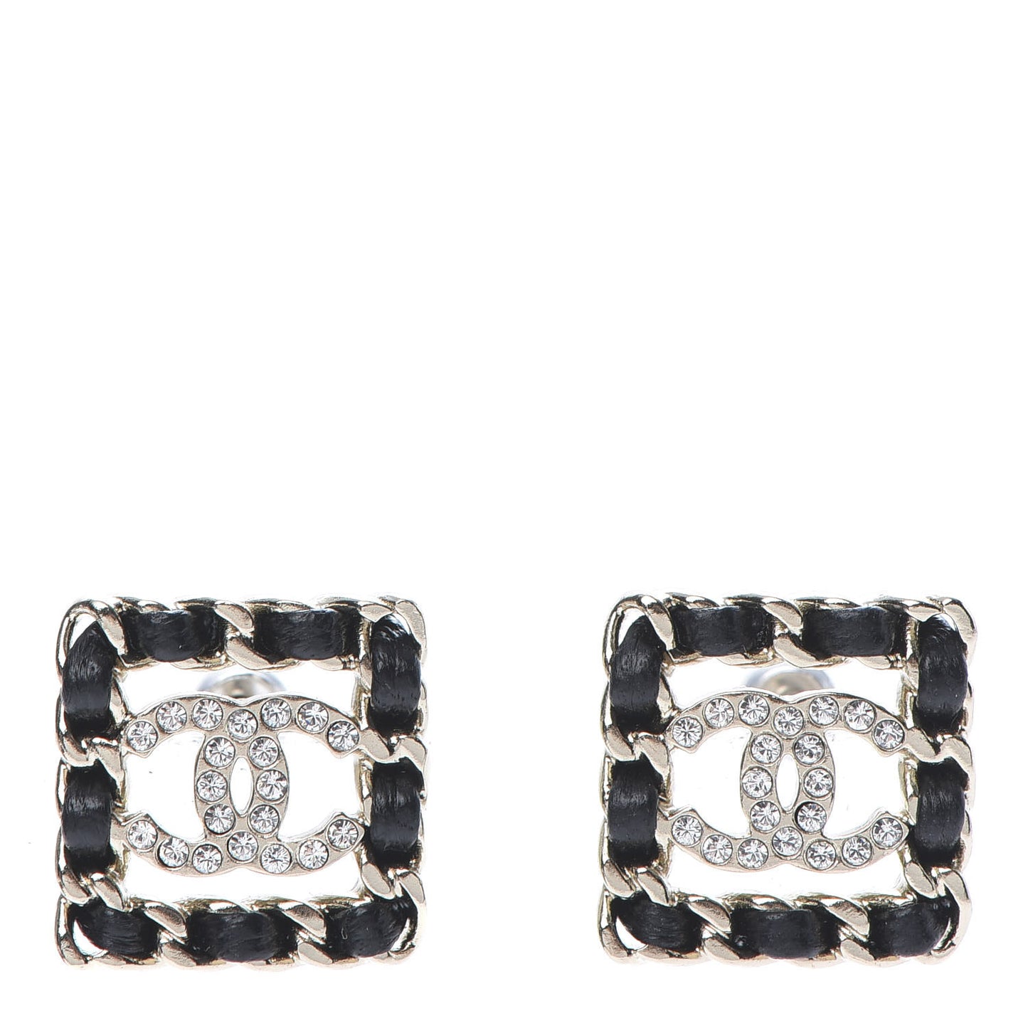 Crystal Lambskin Chain Sergeant Stud Earrings Black Gold