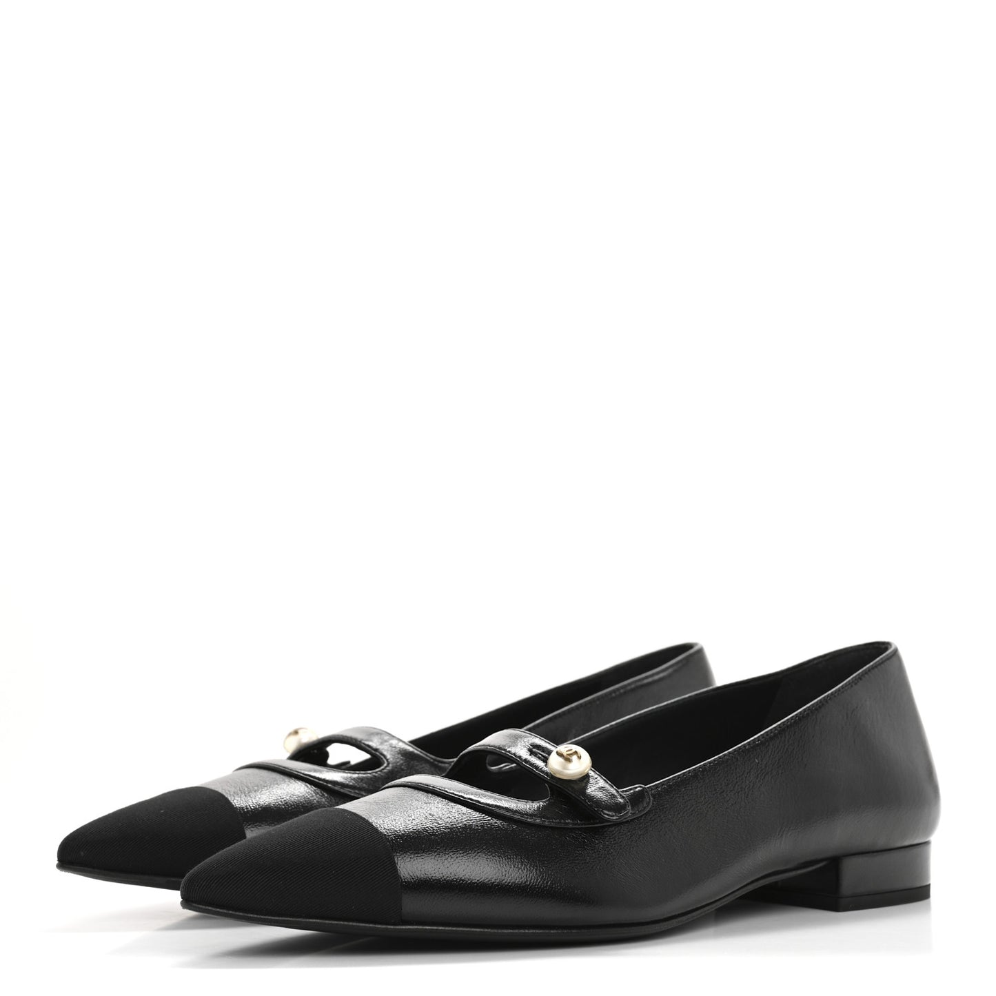 Shiny Lambskin Grosgrain Pearl Mary Jane Flats 37 Black