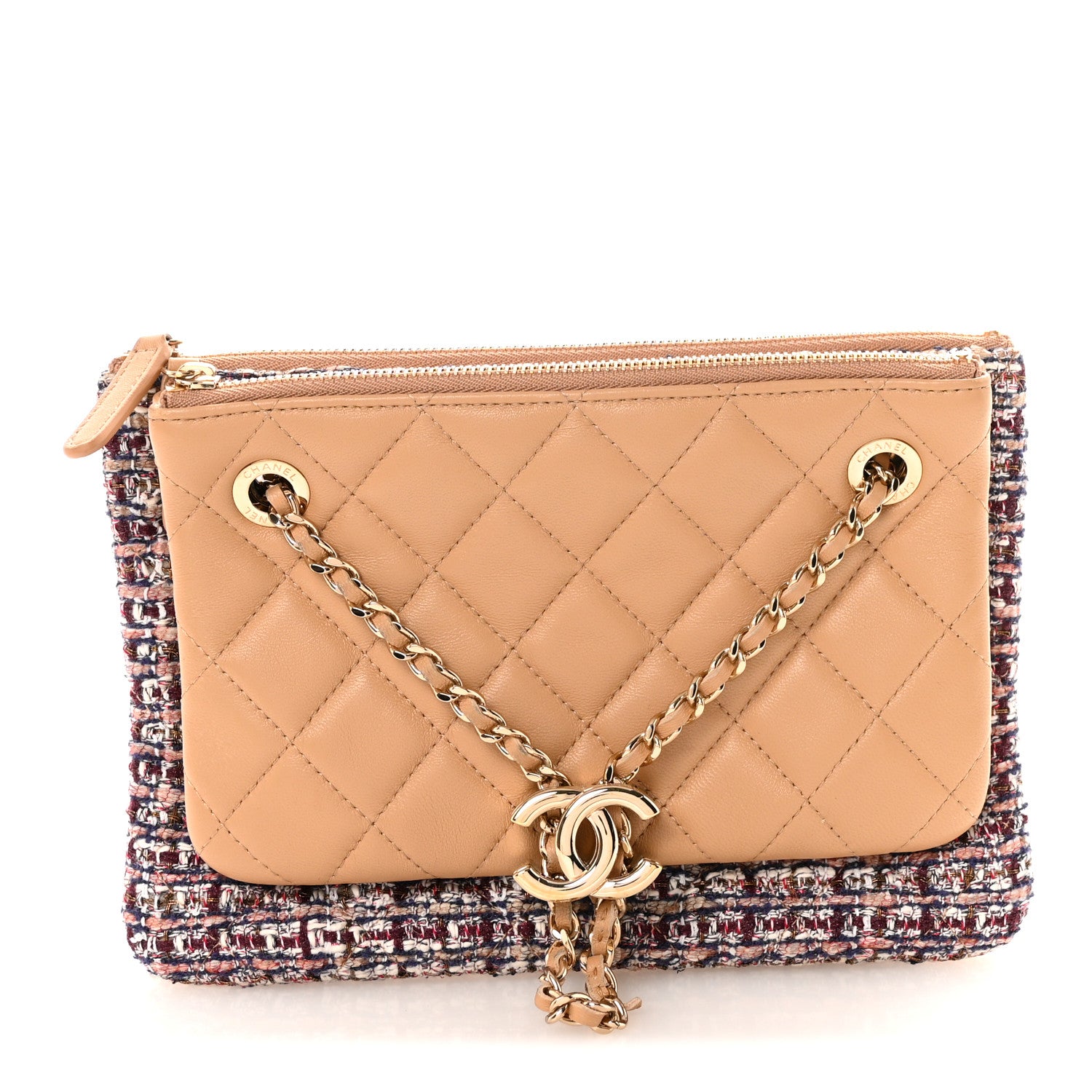 Chanel Tweed Lambskin Quilted Pouch Beige Multicolor 1864972
