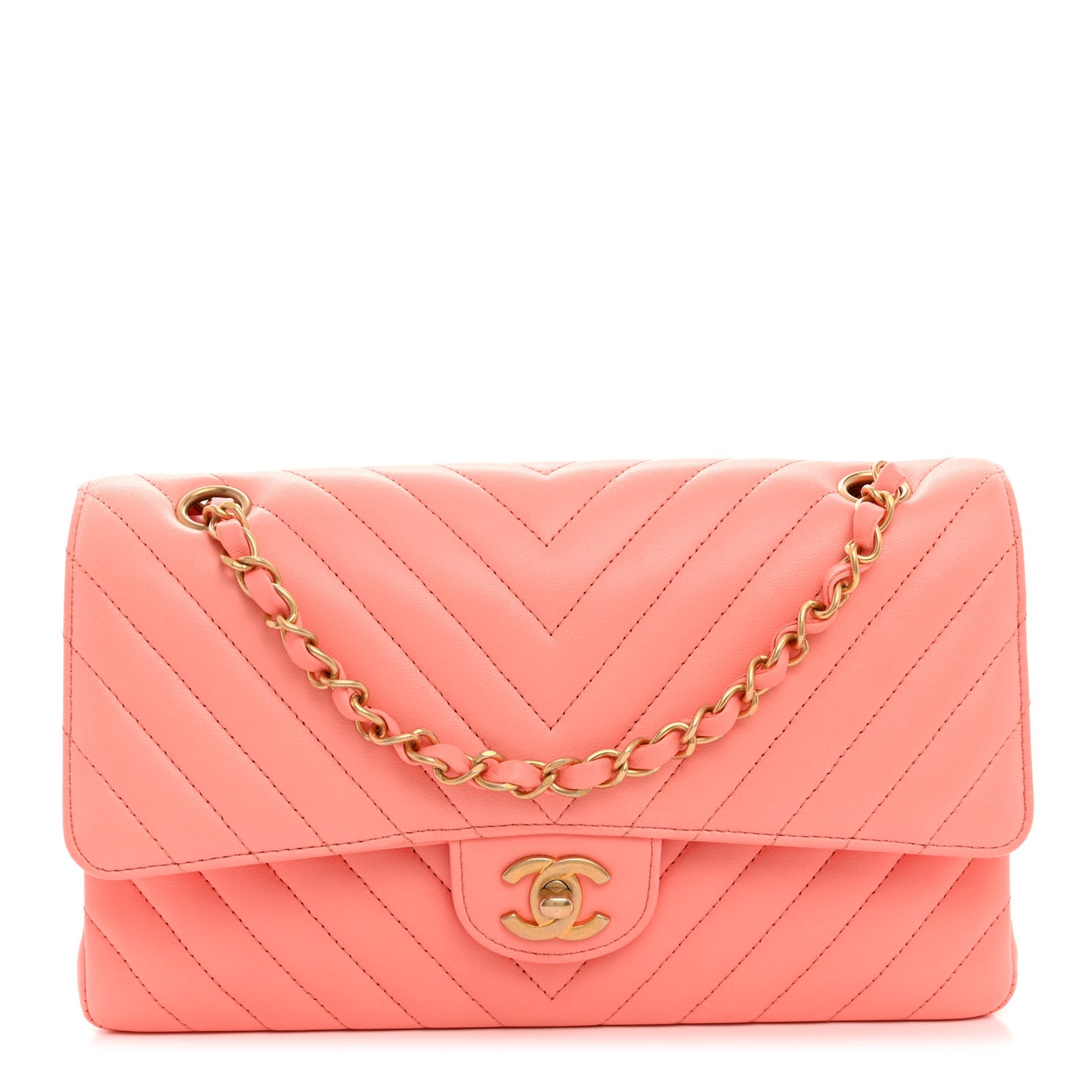 Lambskin Chevron Quilted Medium Double Flap Coral