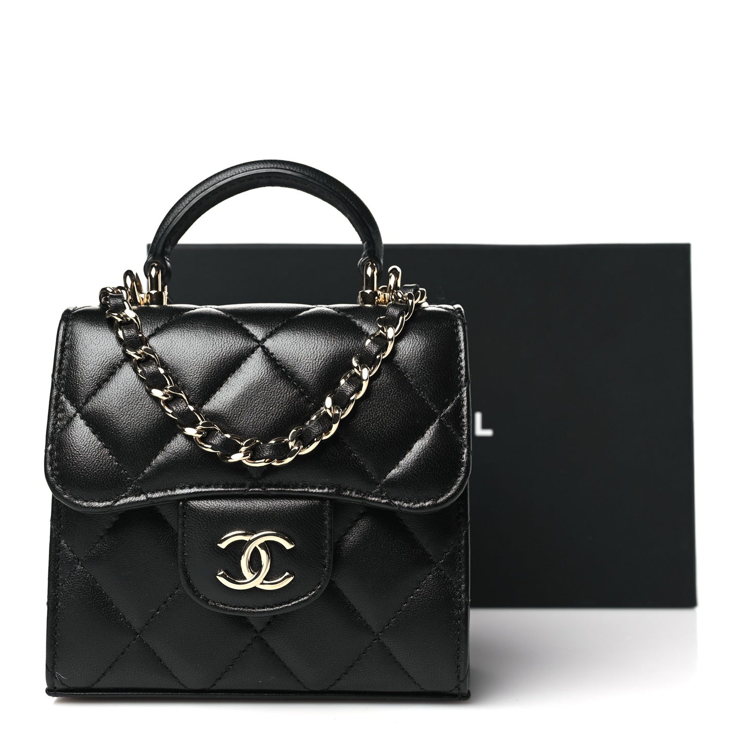 Lambskin Quilted Top Handle Flap Clutch With Chain Black