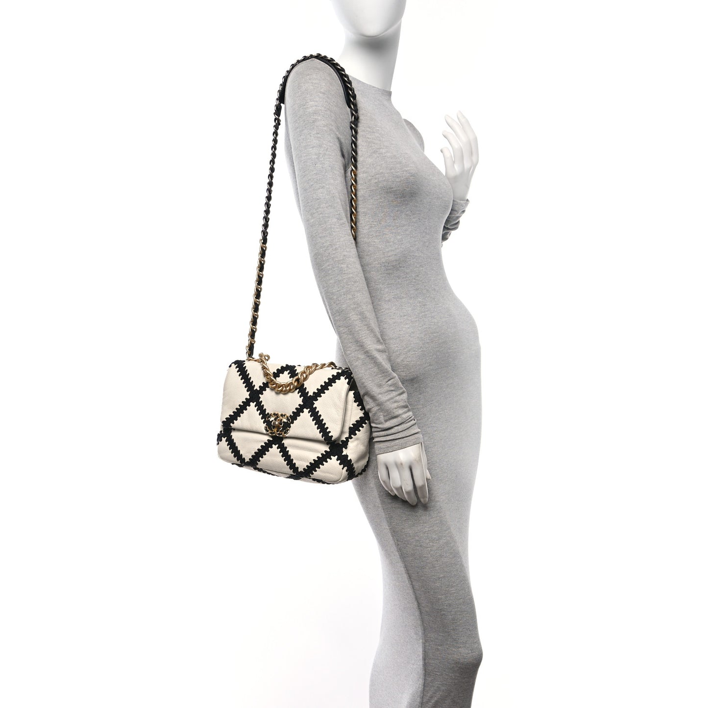 Calfskin Crochet Medium Chanel 19 Flap White Black
