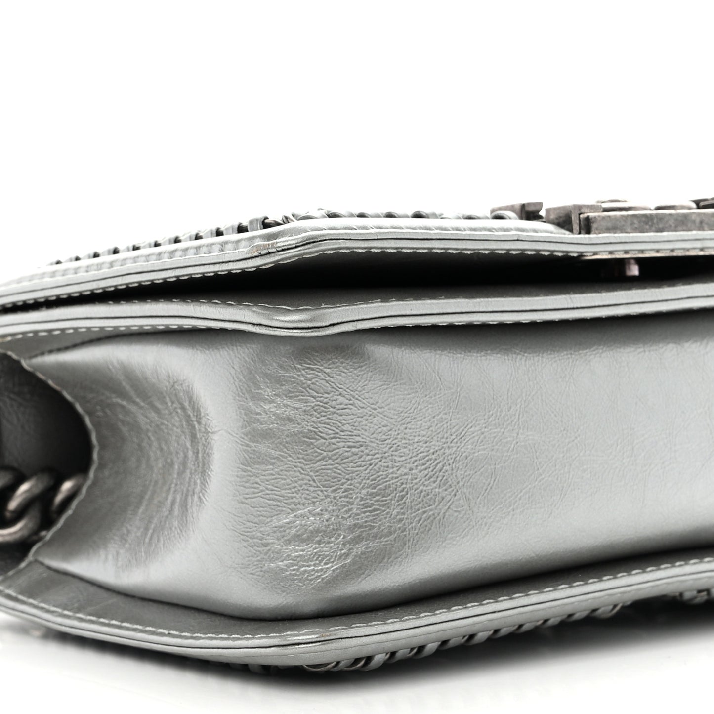 Metallic Aged Calfskin Quilted Small Top Handle Boy Flap Silver