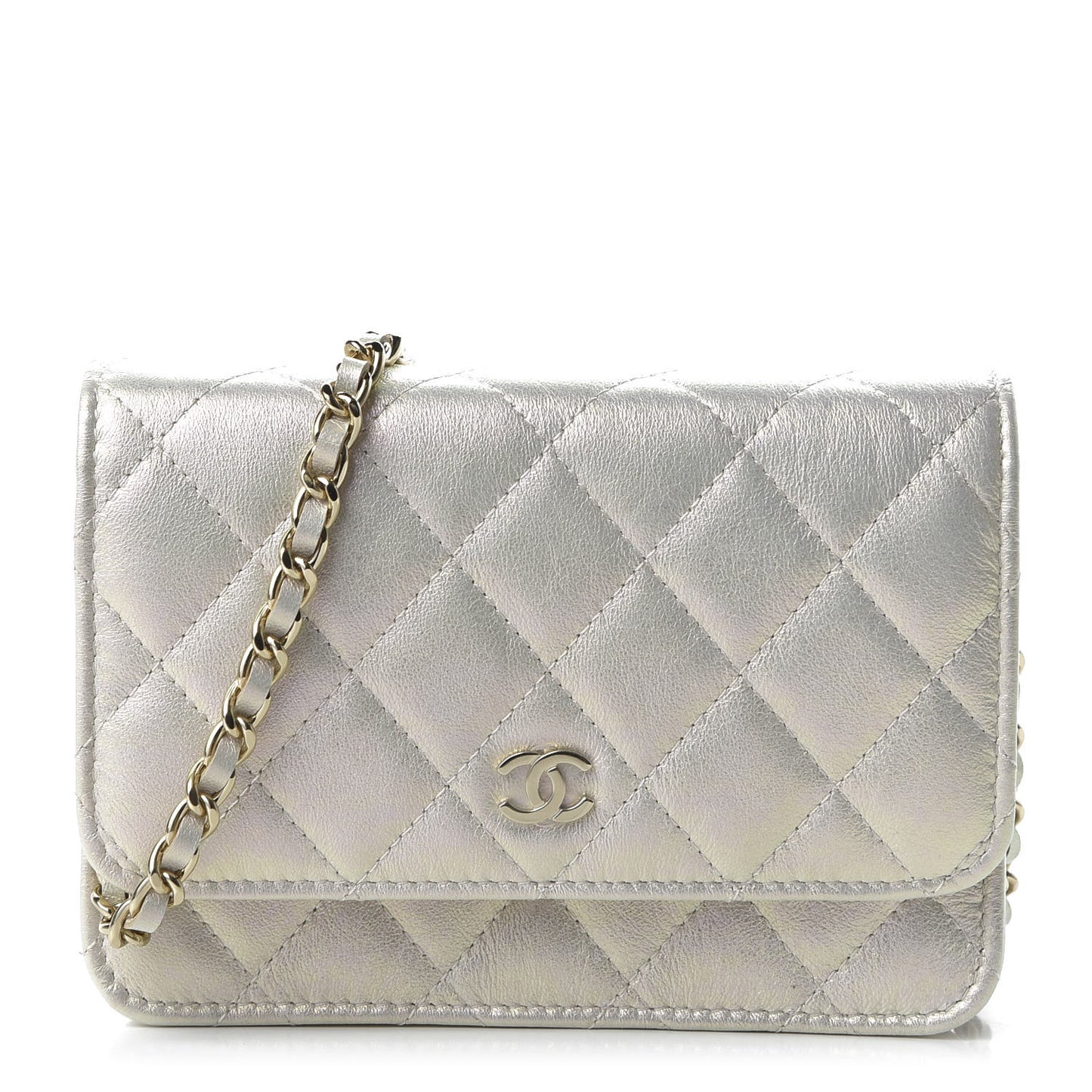 Iridescent Lambskin Quilted Mini Wallet On Chain WOC Ivory