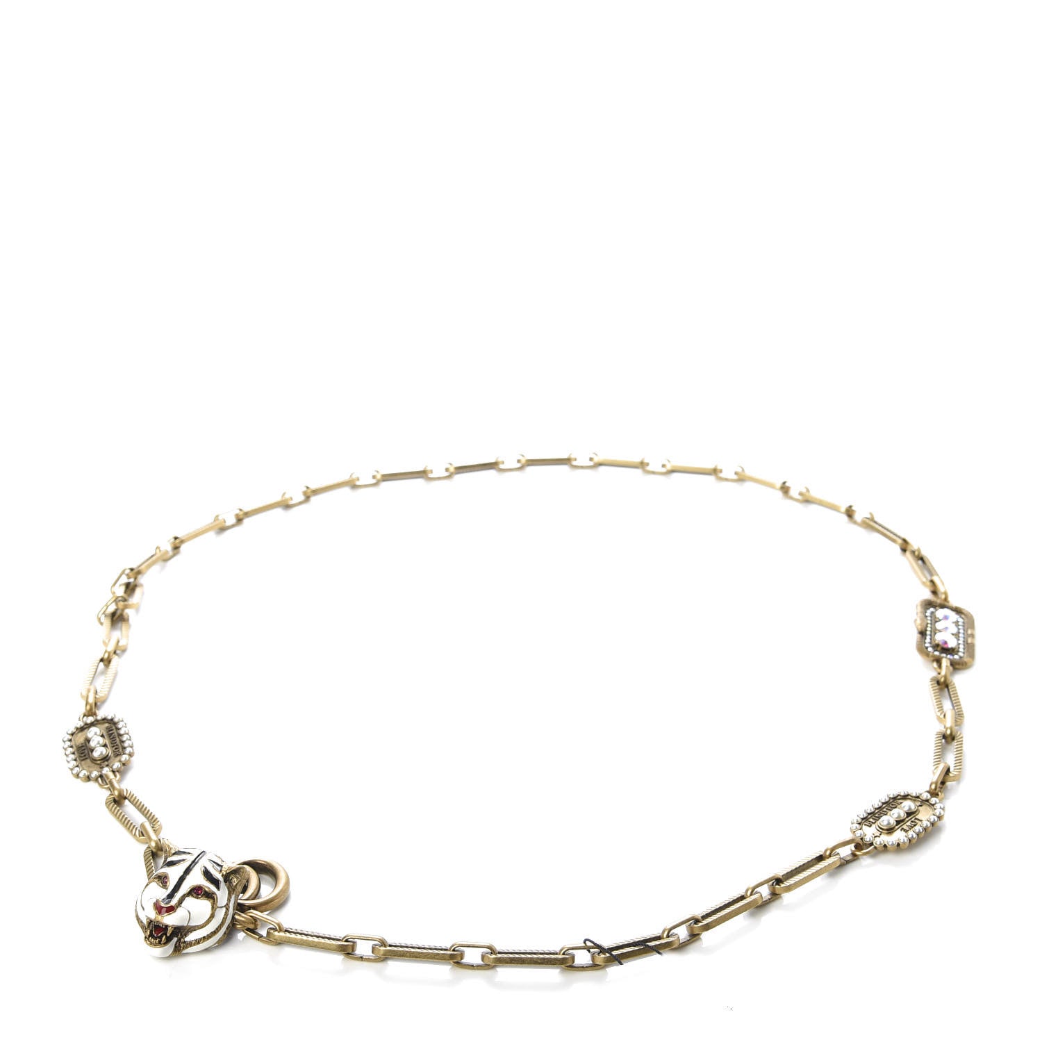Gucci Metal Crystal Pearl Tiger Head Chain Belt Aged Gold 1 of 5