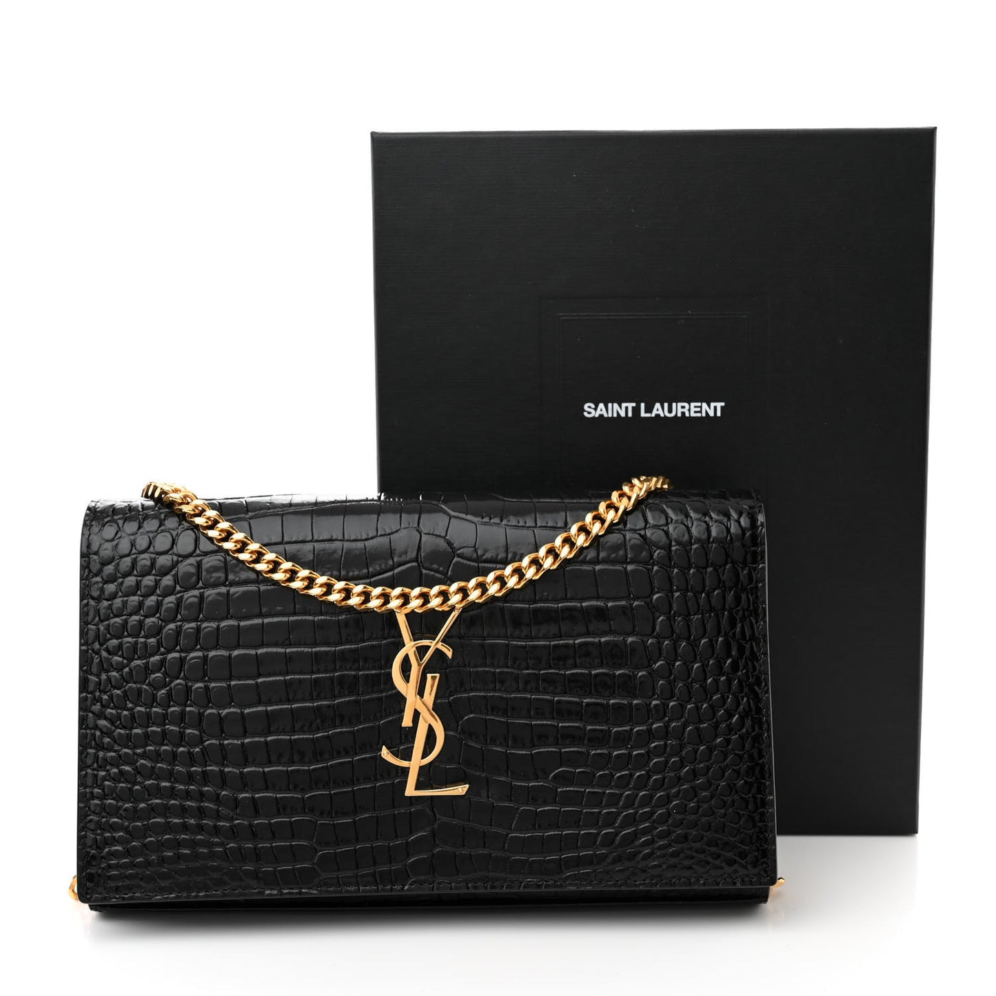 Calfskin Crocodile Embossed Cassandre Wallet On Chain WOC Black