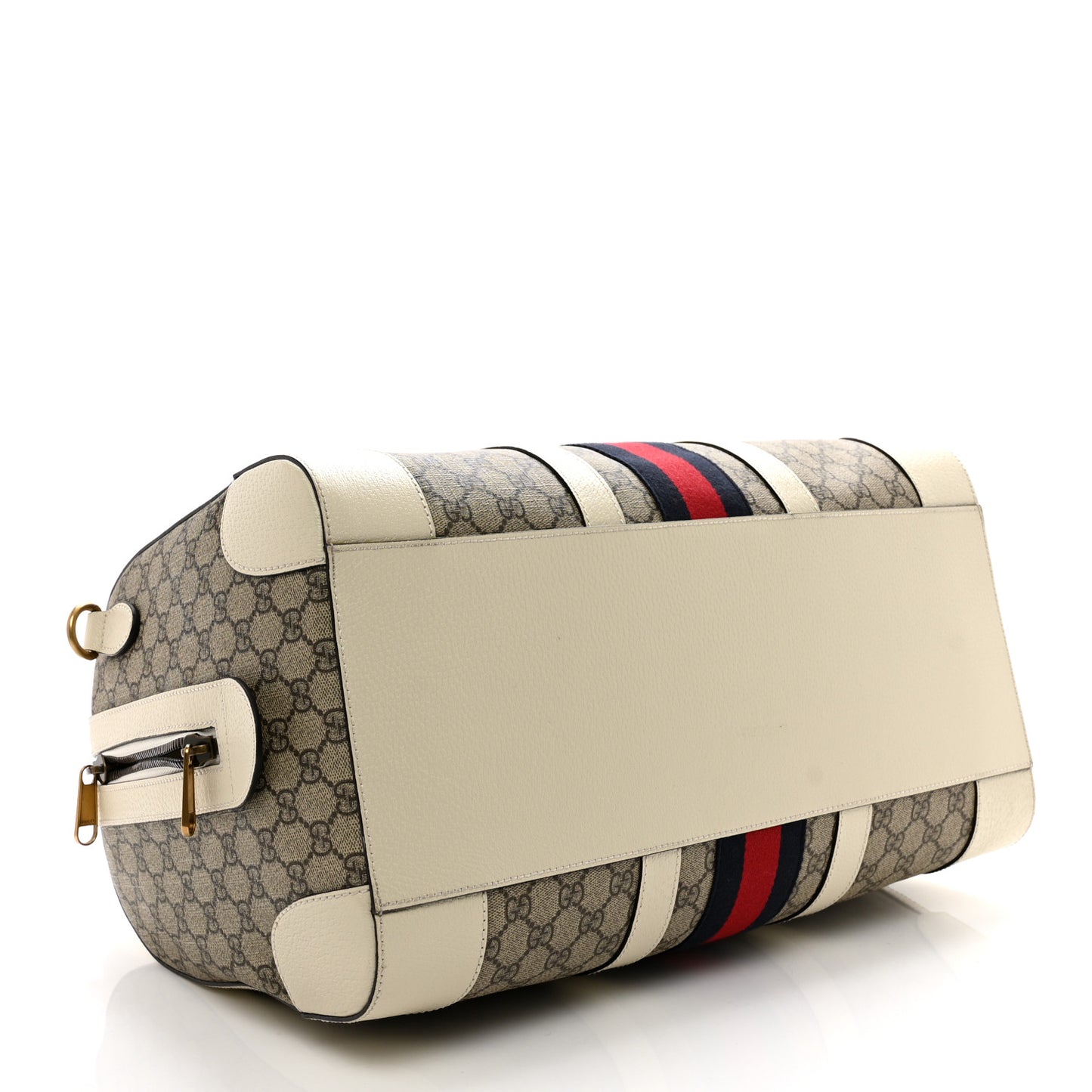 GG Supreme Monogram Textured Dollar Calfskin Web Medium Ophidia Duffle Bag Beige Ebony Mystic White