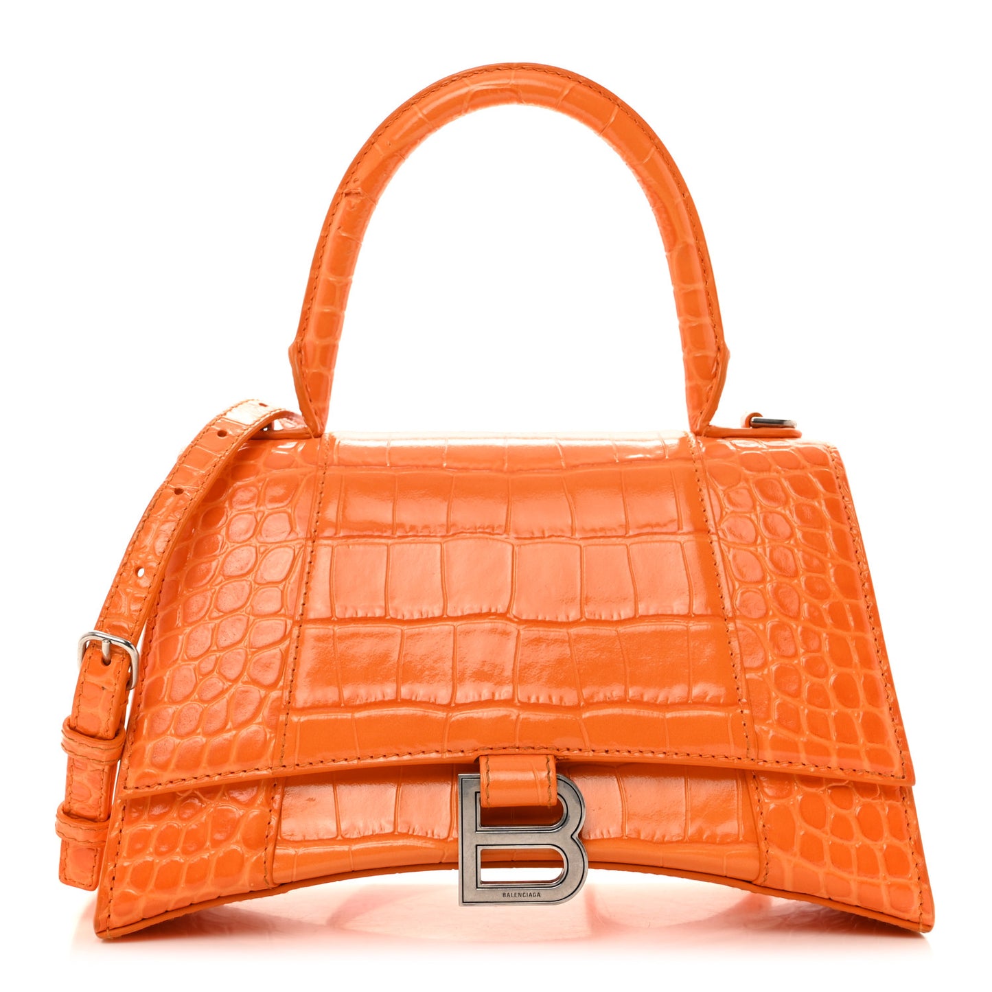 Shiny Calfskin Crocodile Embossed Small Hourglass Top Handle Bag Pop Orange