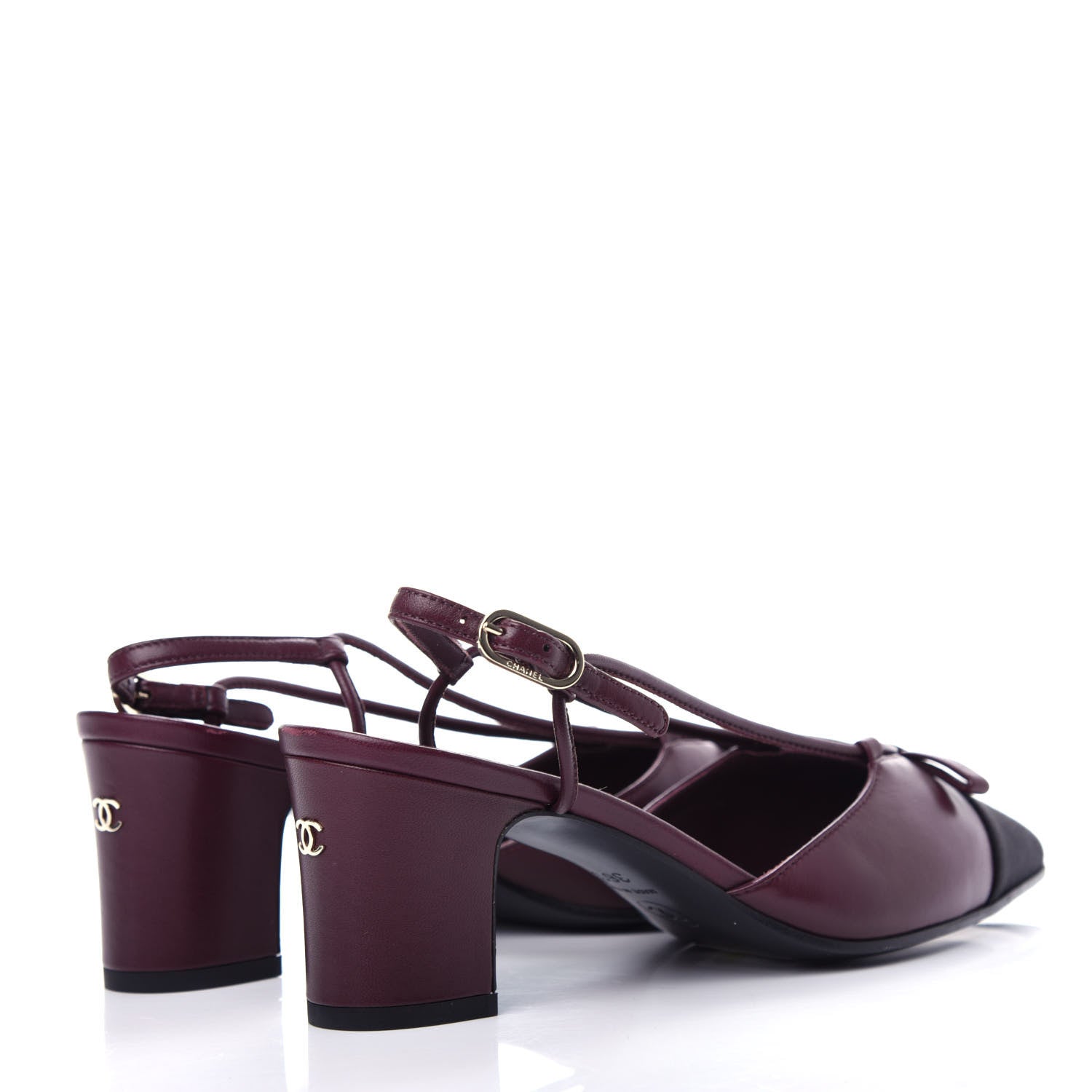 Chanel Lambskin Satin Slingback Cap Toe Bow Pumps 36.5 Burgundy Black 4 of 11