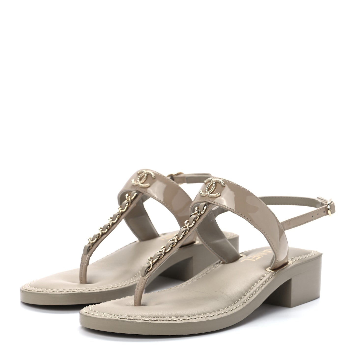 Lambskin Patent Chain CC Logo Thong Sandals 35.5 Beige