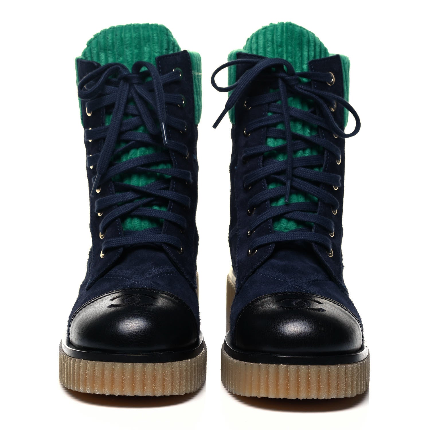 Chanel Suede Calfskin Velvet Quilted CC Combat Boots 38 Navy Green Black 2 of 9