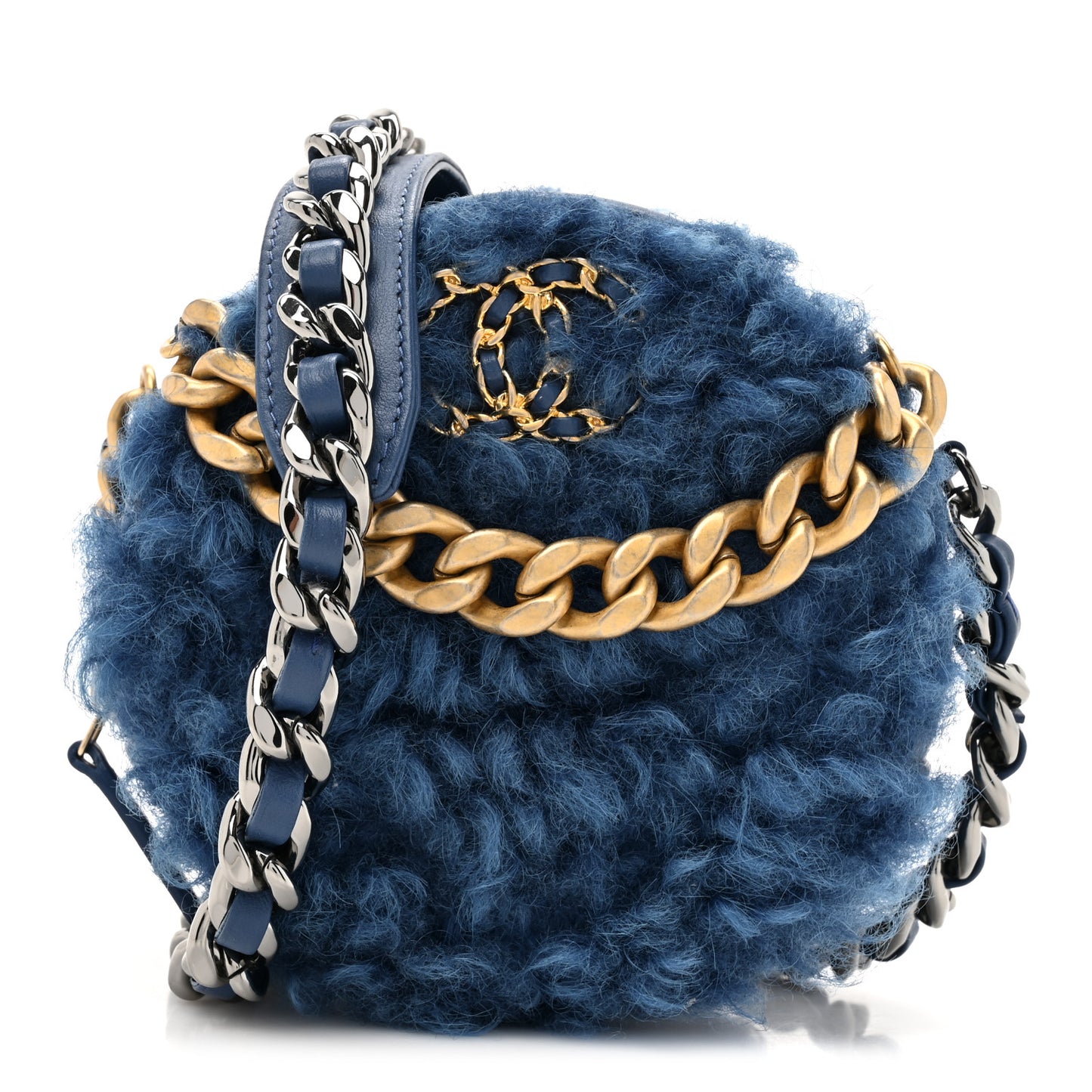Shearling Sheepskin Chanel 19 Round Clutch With Chain Blue