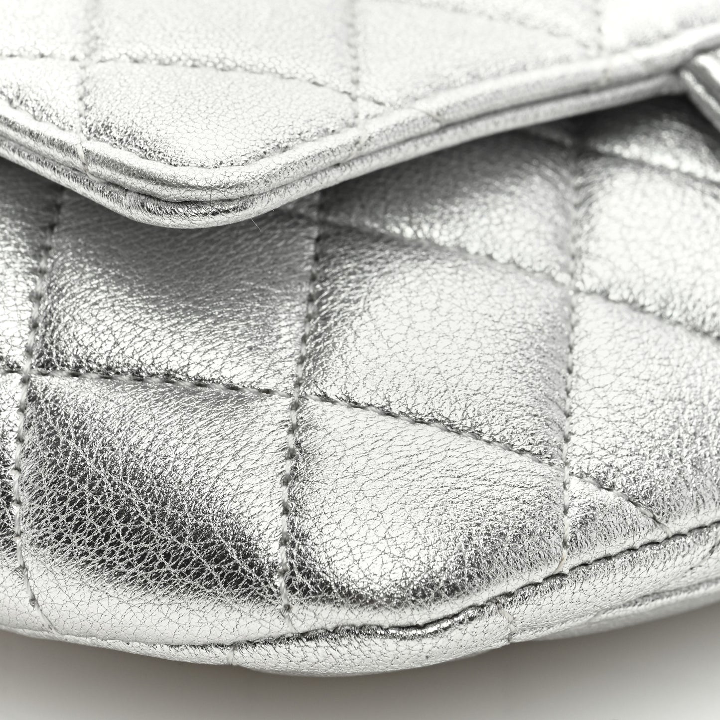 Metallic Lambskin Quilted Glasses Case With Chain Silver