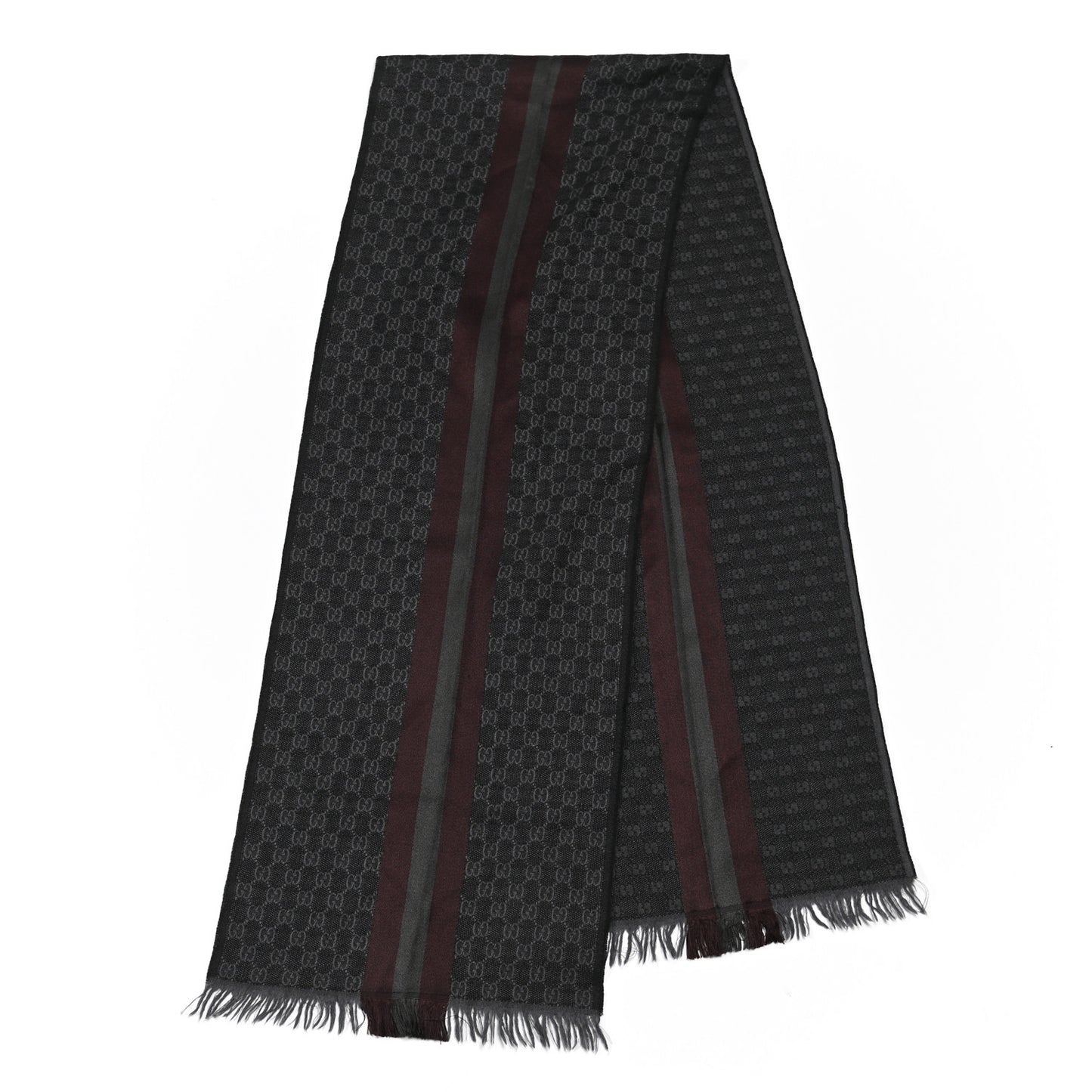 Wool Silk GG Monogram Web Verbier Fringe Scarf Charcoal