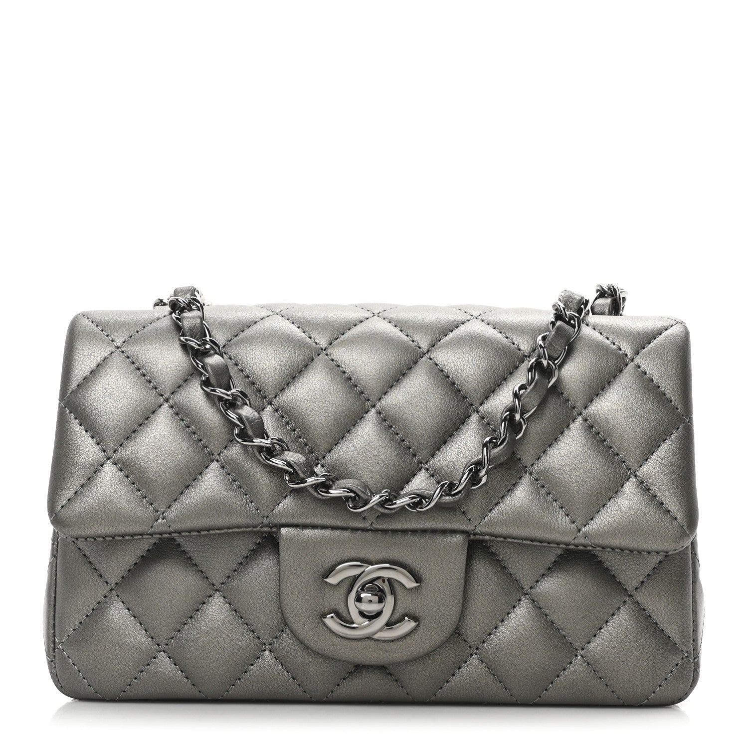 Chanel Metallic Lambskin Quilted Mini Rectangular Flap Dark Grey