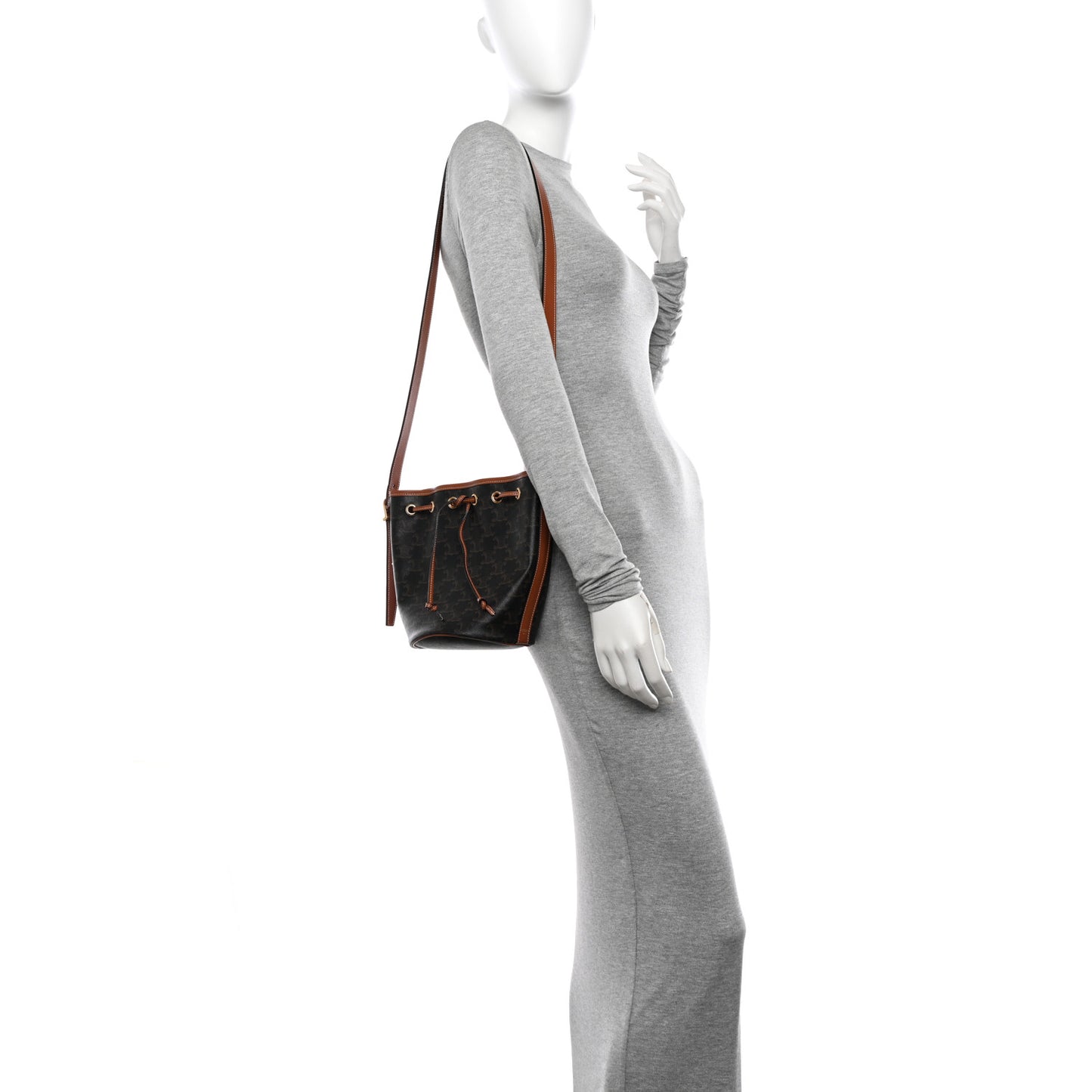 Triomphe Canvas Calfskin Small Drawstring Bucket Bag Tan
