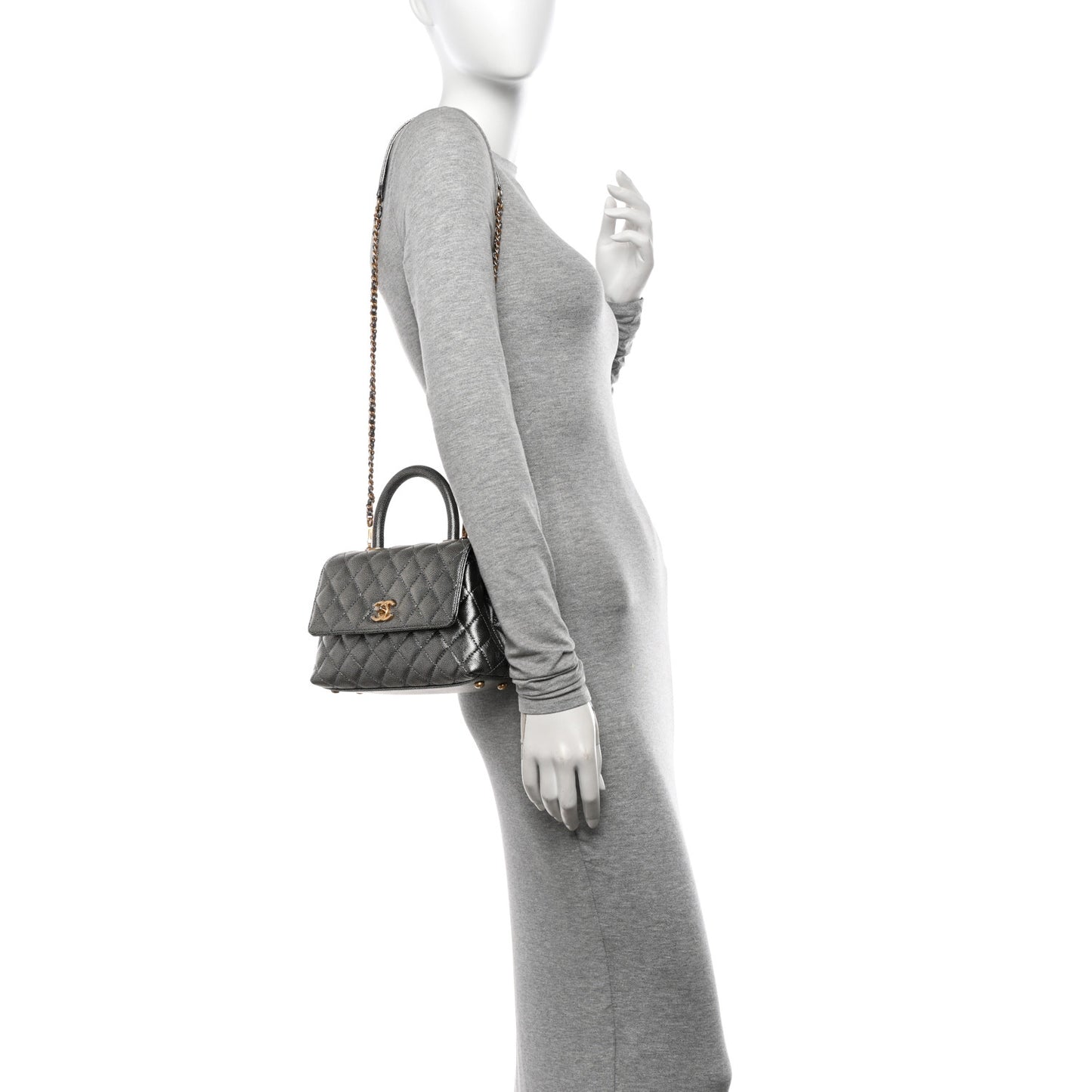 Metallic Caviar Quilted Mini Coco Handle Flap Silver