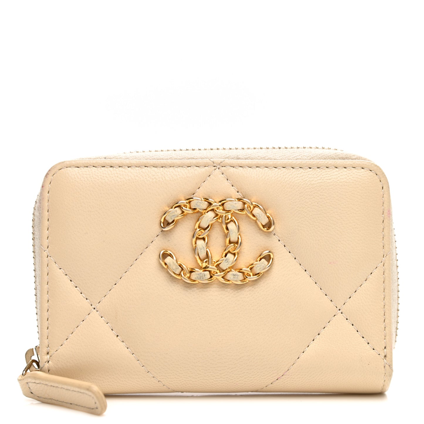 Lambskin Quilted 19 Zip Around Coin Purse Wallet Beige