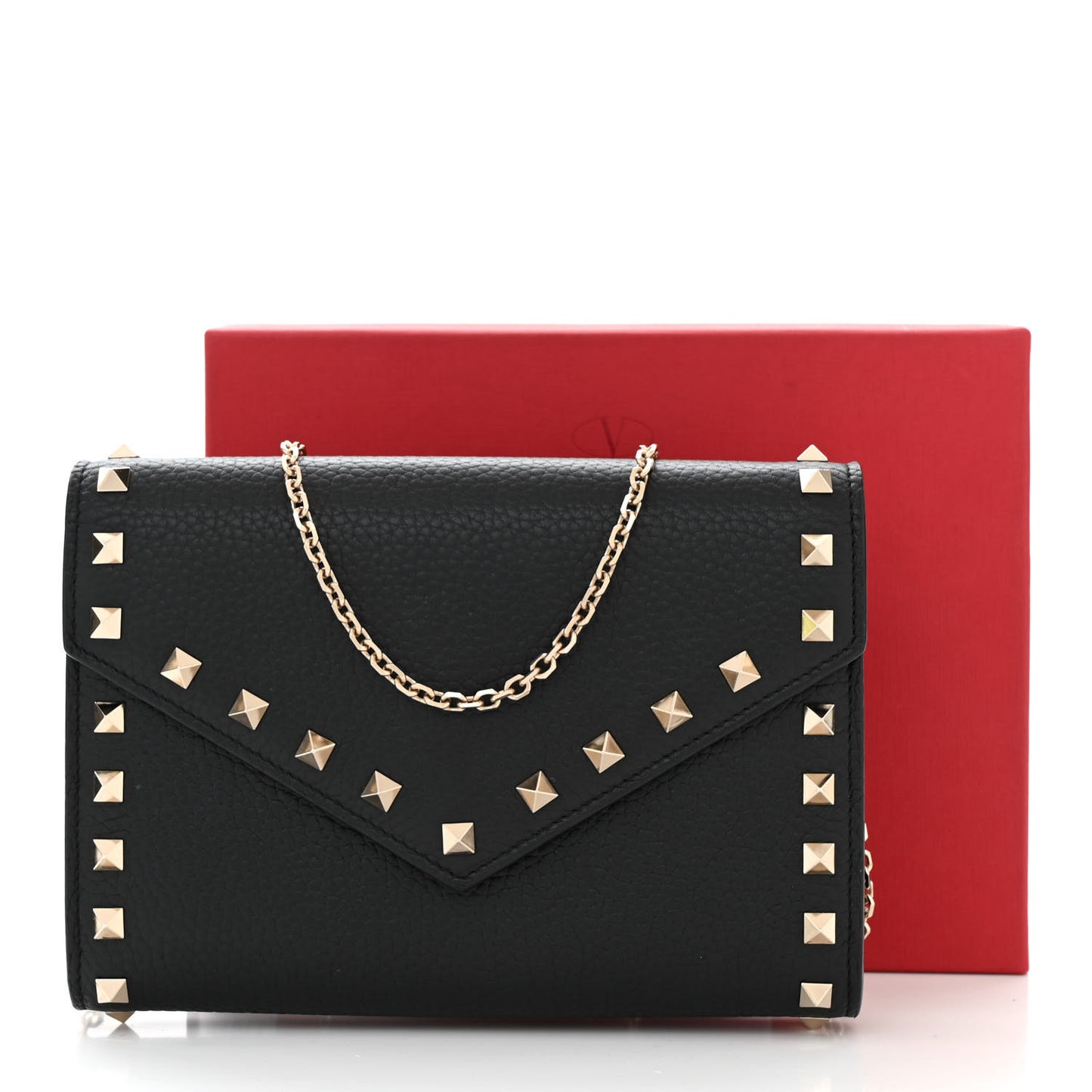 Pebbled Calfskin Rockstud Envelope Wallet on Chain Black