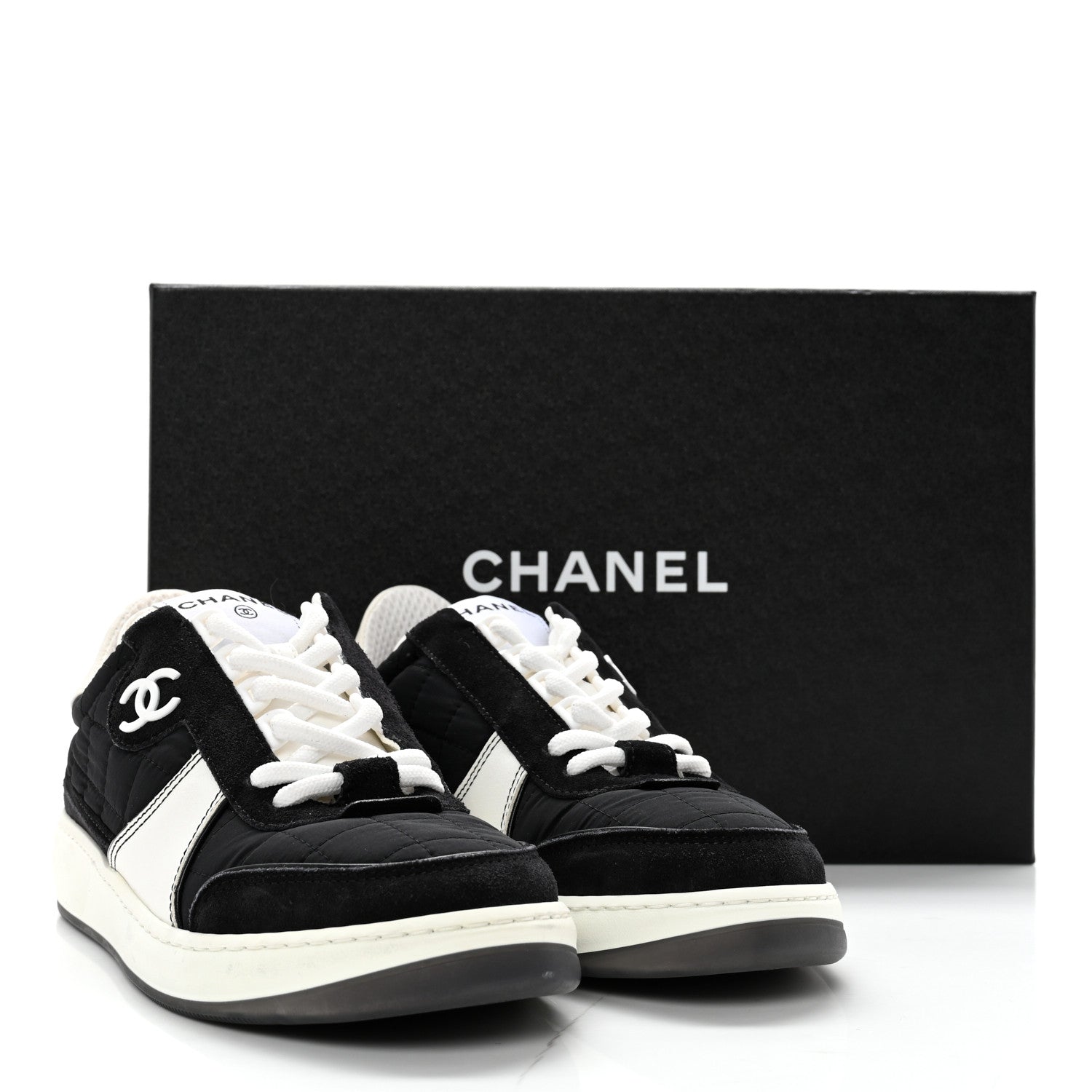 Chanel Suede Fabric Calfskin Womens CC Sneakers 35.5 Black White 12 of 12