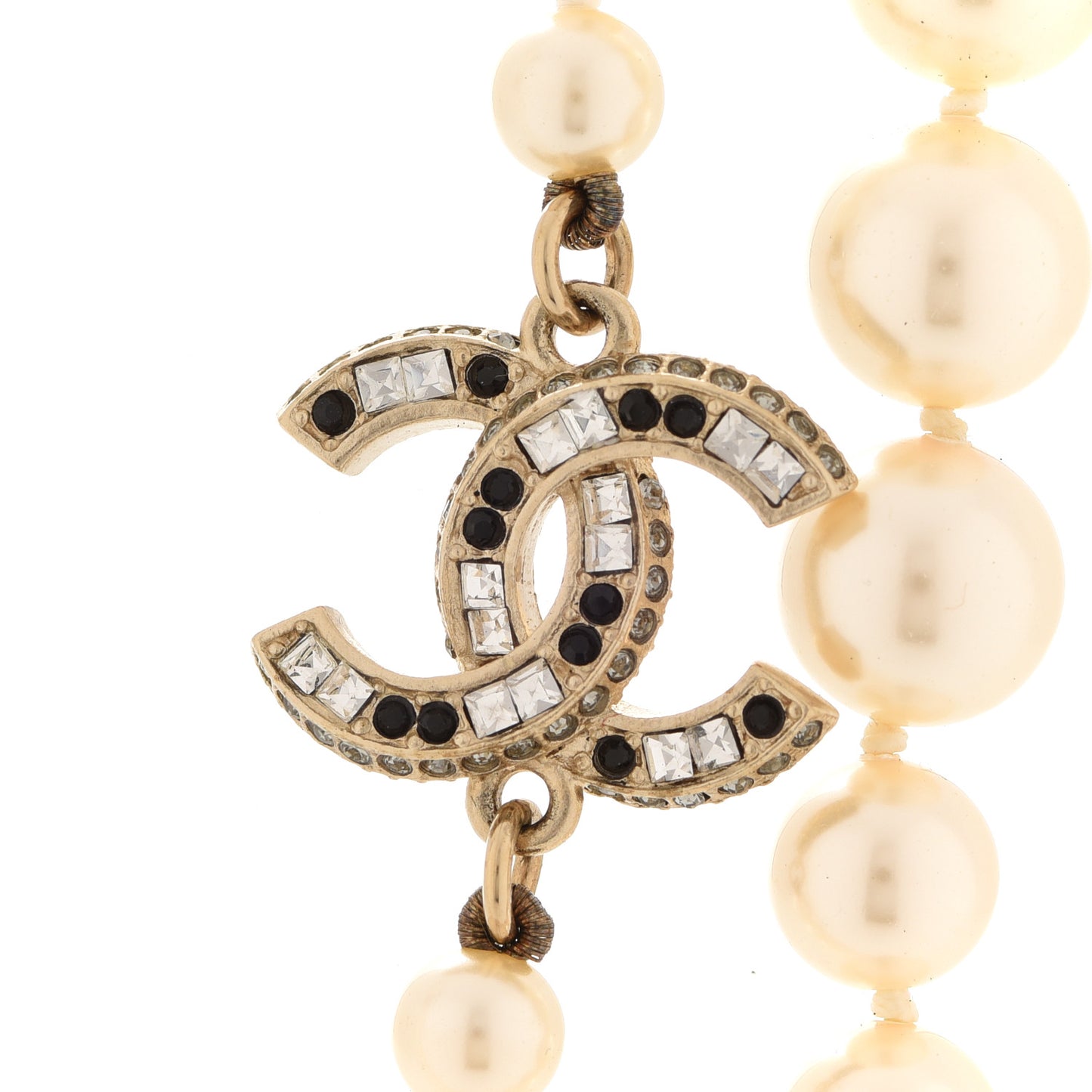 Baguette Crystal Pearl CC Long Necklace Black Gold