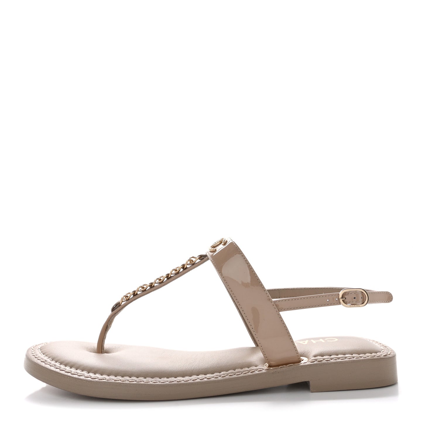 Lambskin Patent Chain CC Logo Thong Sandals 39 Beige