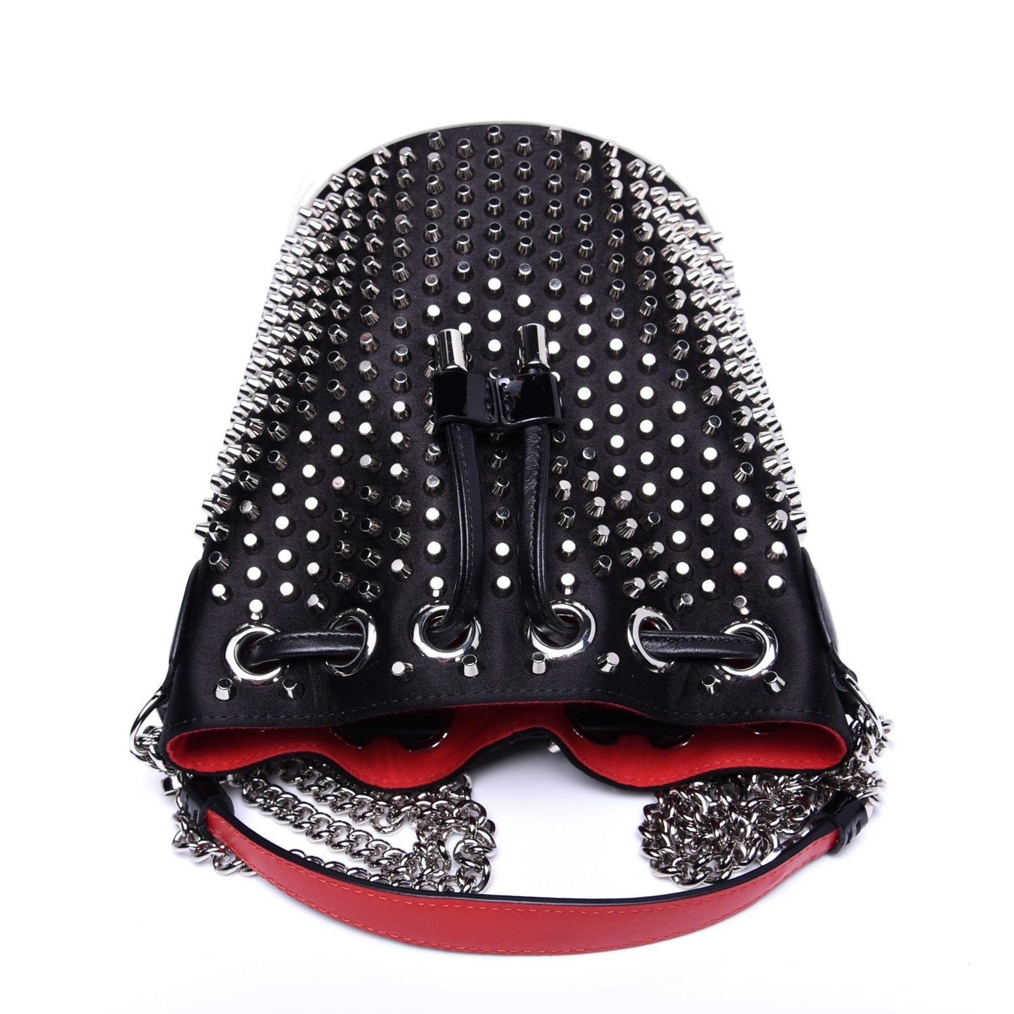 Silk Satin Calfskin Marie Jane Loubirun Studded Bucket Black Silver