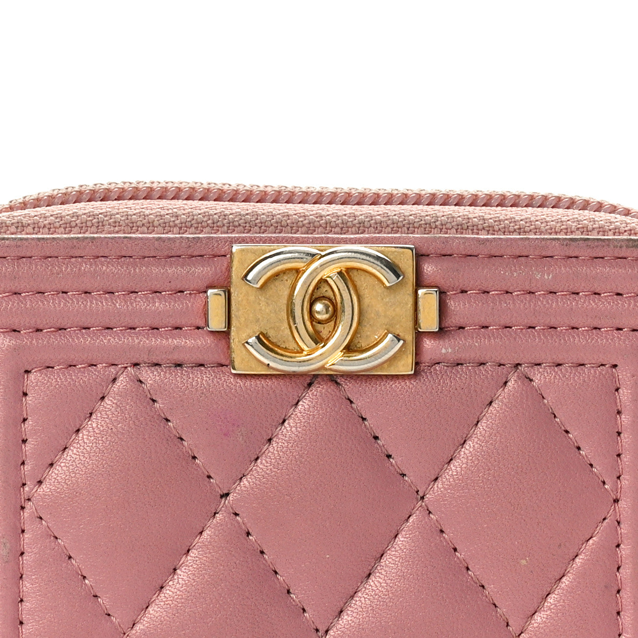 Metallic Lambskin Quilted Boy Zip Around Coin Purse Wallet Pink