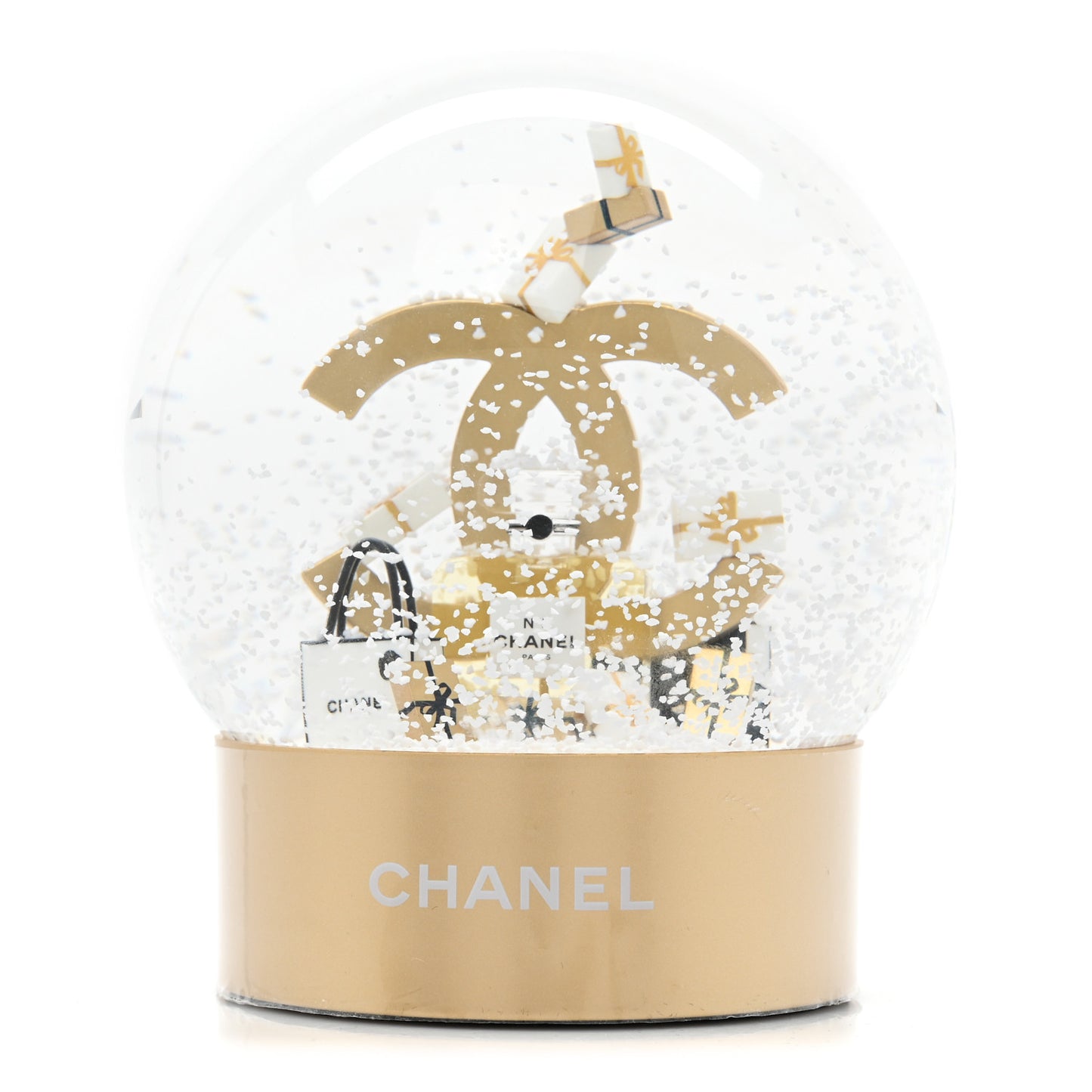 Glass CC Shopping Bag Snow Globe Gold