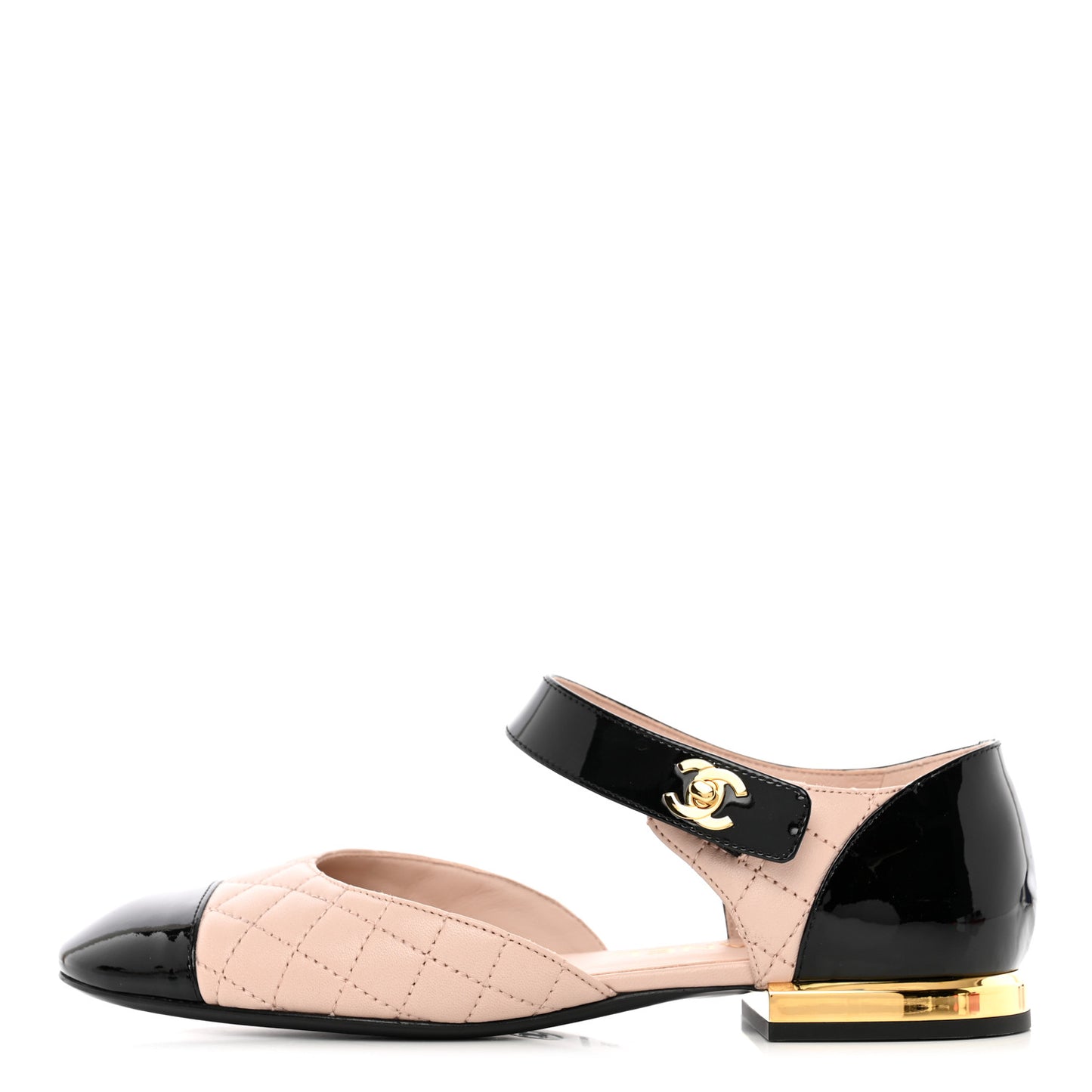 Patent Lambskin Quilted Cap Toe Ballerina Flats 36 Beige Black