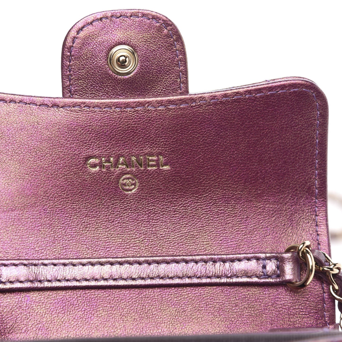 Iridescent Lambskin Quilted Flap Card Holder On Chain Purple