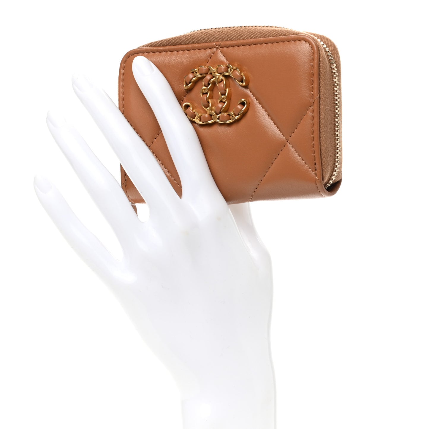 Lambskin Quilted Chanel 19 Zip Around Coin Purse Wallet Brown
