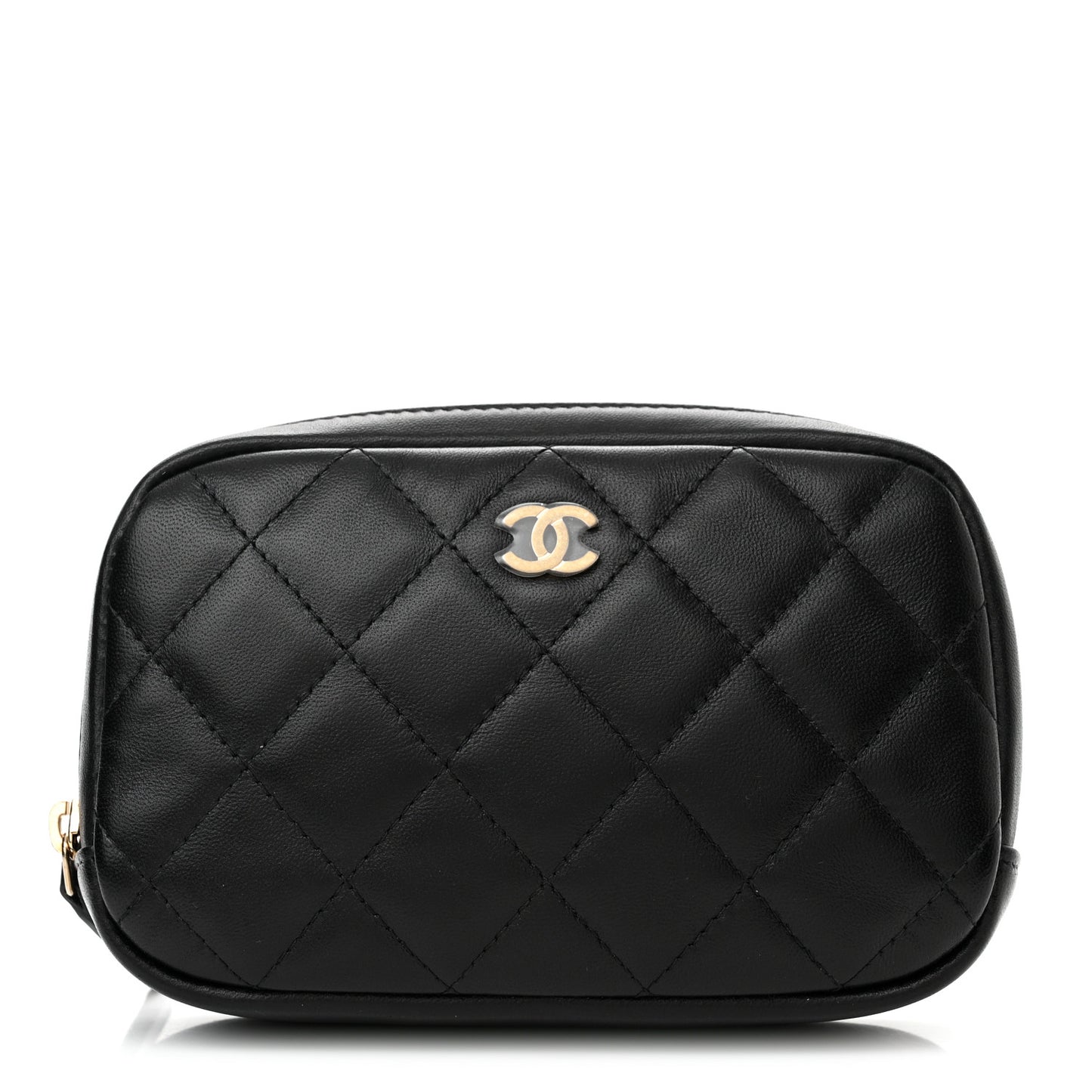 Lambskin Quilted Small Curvy Pouch Cosmetic Case Black