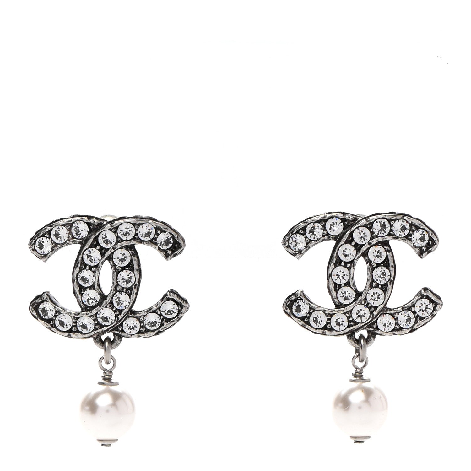 Chanel Ruthenium Crystal Pearl CC Drop Earrings 1 of 5