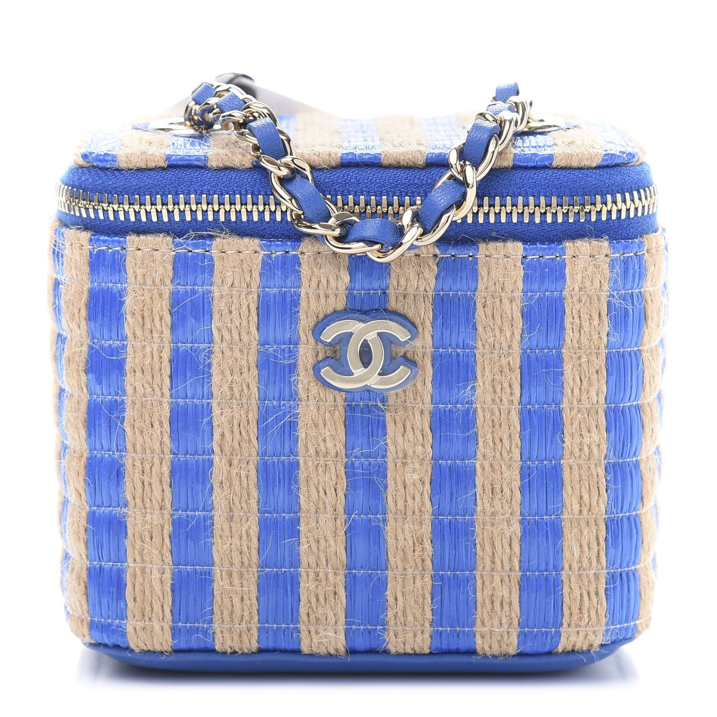 Raffia Jute Striped Mini Vanity Case With Chain Blue Beige