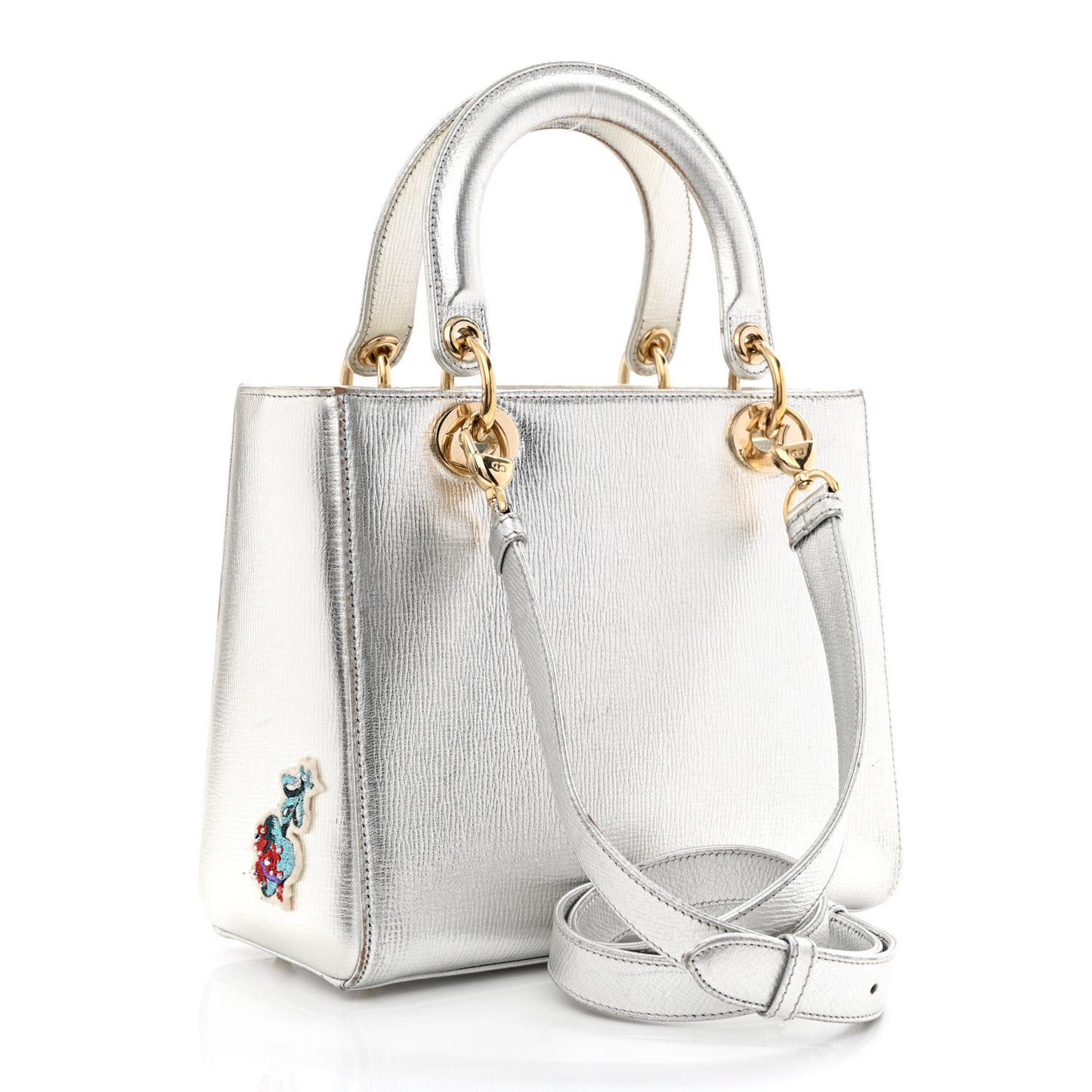 Metallic Calfskin Embroidered Lady Dior Silver Multicolor