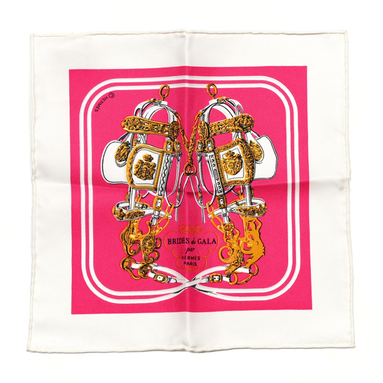Hermes Silk Brides de Gala Nano Scarf 20 White Rose Fuchsia Or 1 of 4