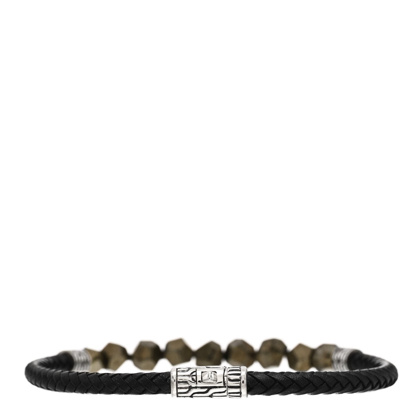 Sterling Silver Pyrite Leather Classic Chain Bracelet Black