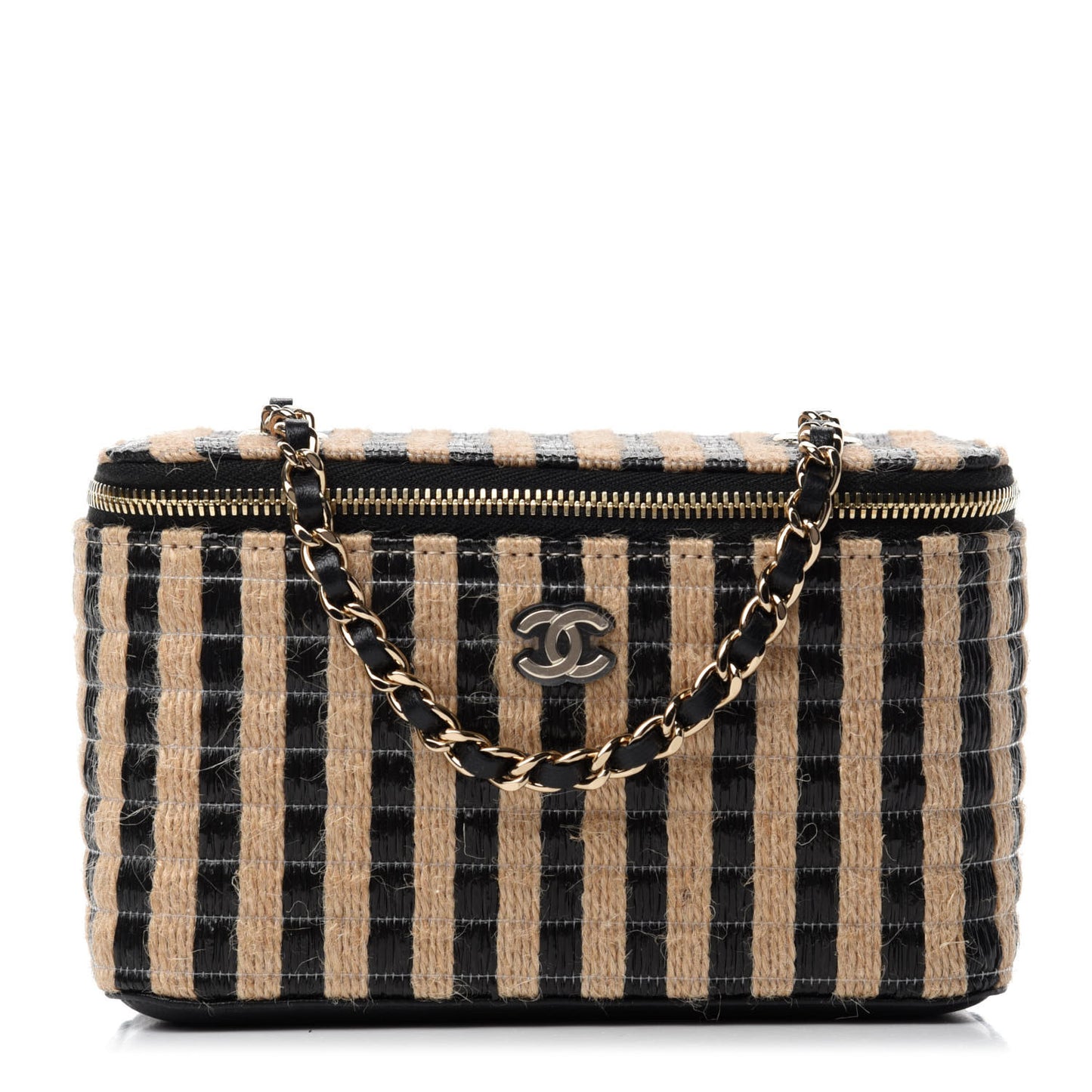 Raffia Jute Striped Small Vanity Case With Chain Black Beige