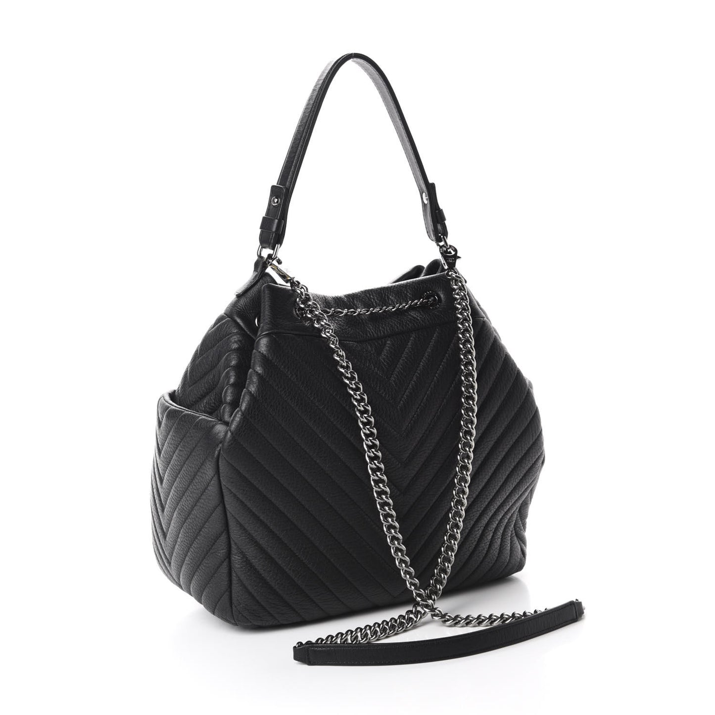 Deerskin Chevron Large CC Chain Bucket Drawstring Bag Black