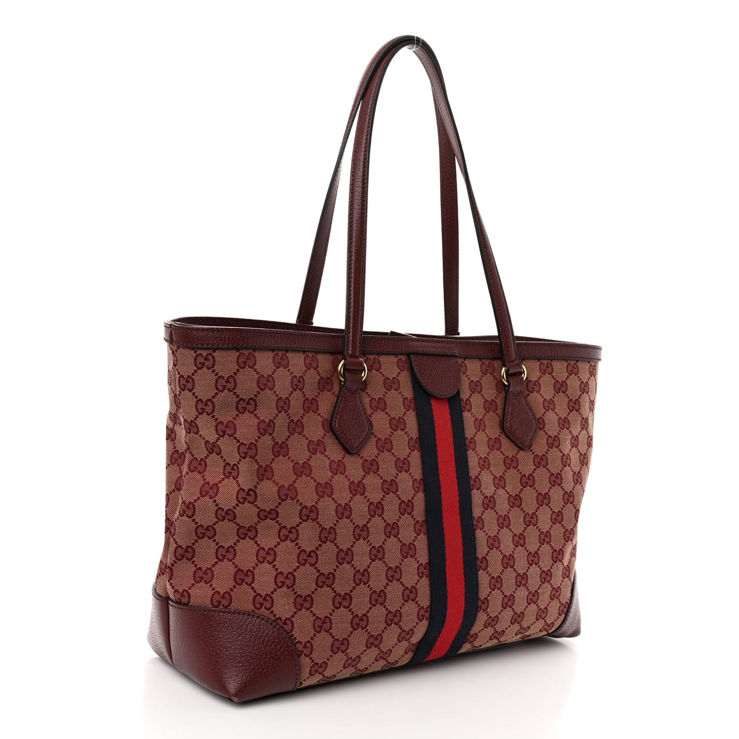 Monogram Textured Dollar Calfskin Web Medium Ophidia Shopping Tote Sahara Rubino Chardonnay