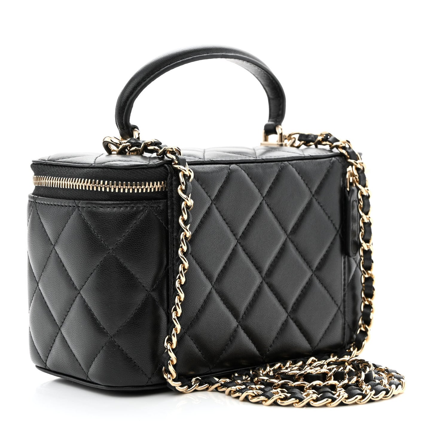 Lambskin Quilted Small Top Handle Vanity Case With Chain Black