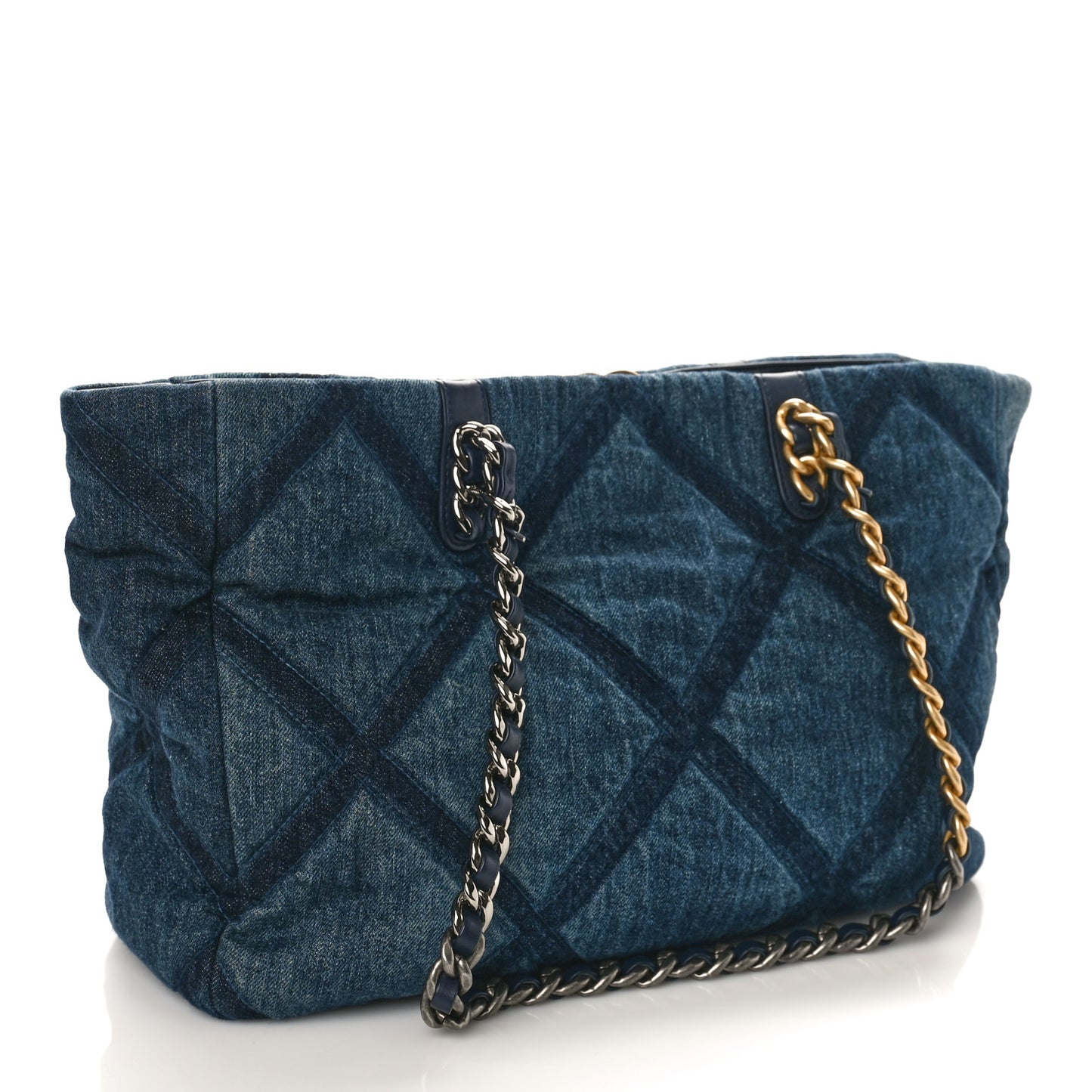Denim Quilted Chanel 19 East West Shopping Bag Blue