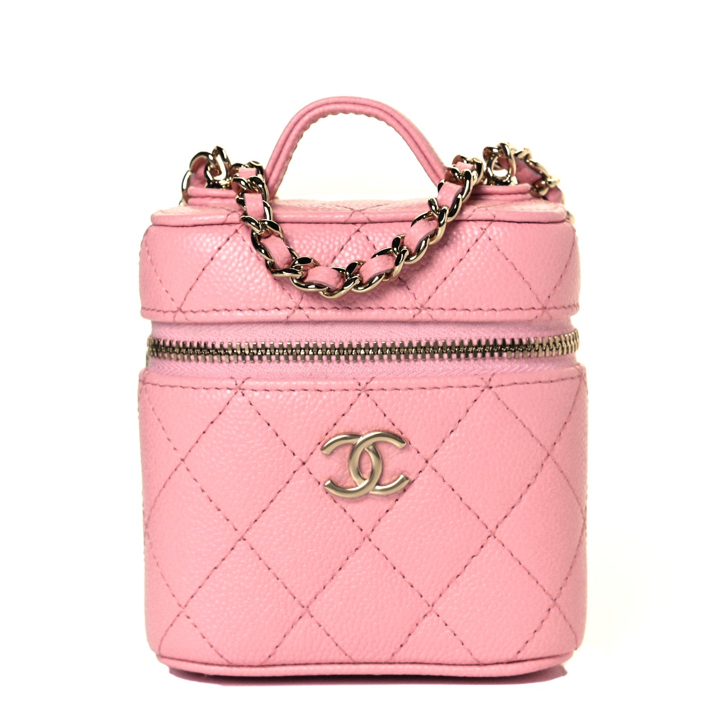 Caviar Quilted Small Handle With Care Vanity Case With Chain Pink